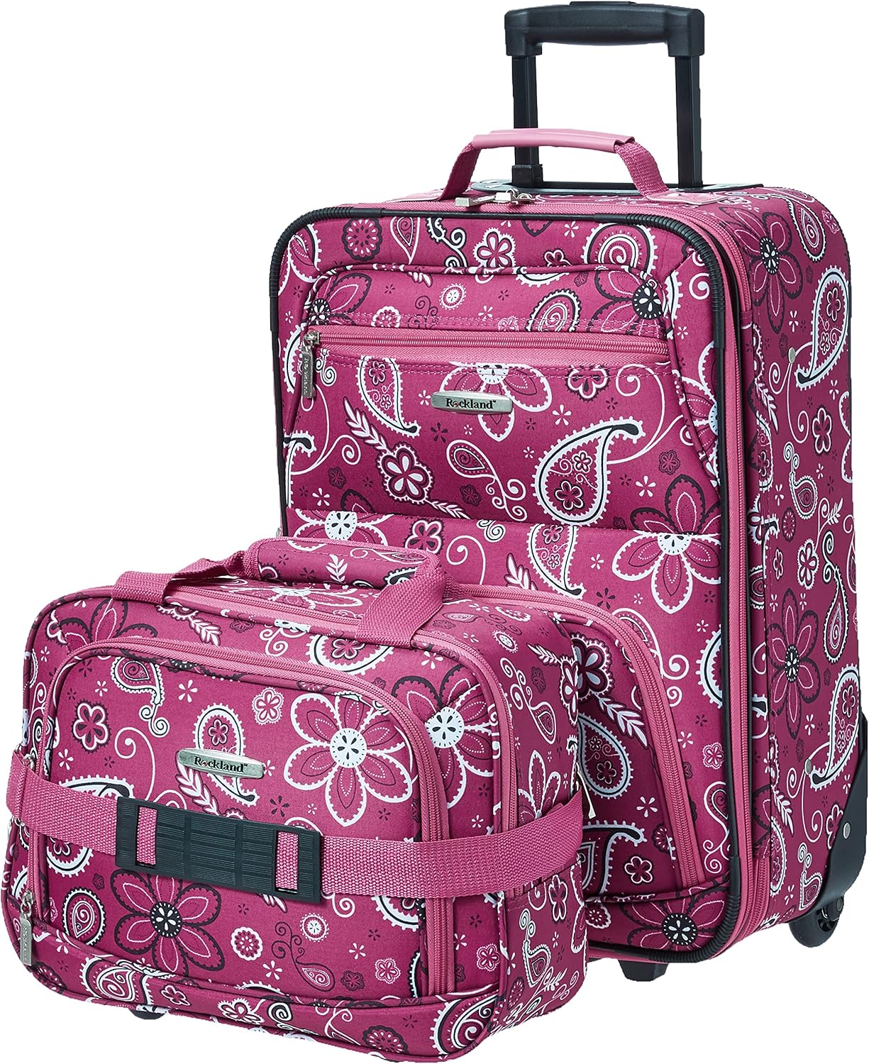Rockland Fashion Softside Upright Luggage Set,Expandable, Telescopic Handle, Wheel, Black Dot, 2-Piece (14/19)