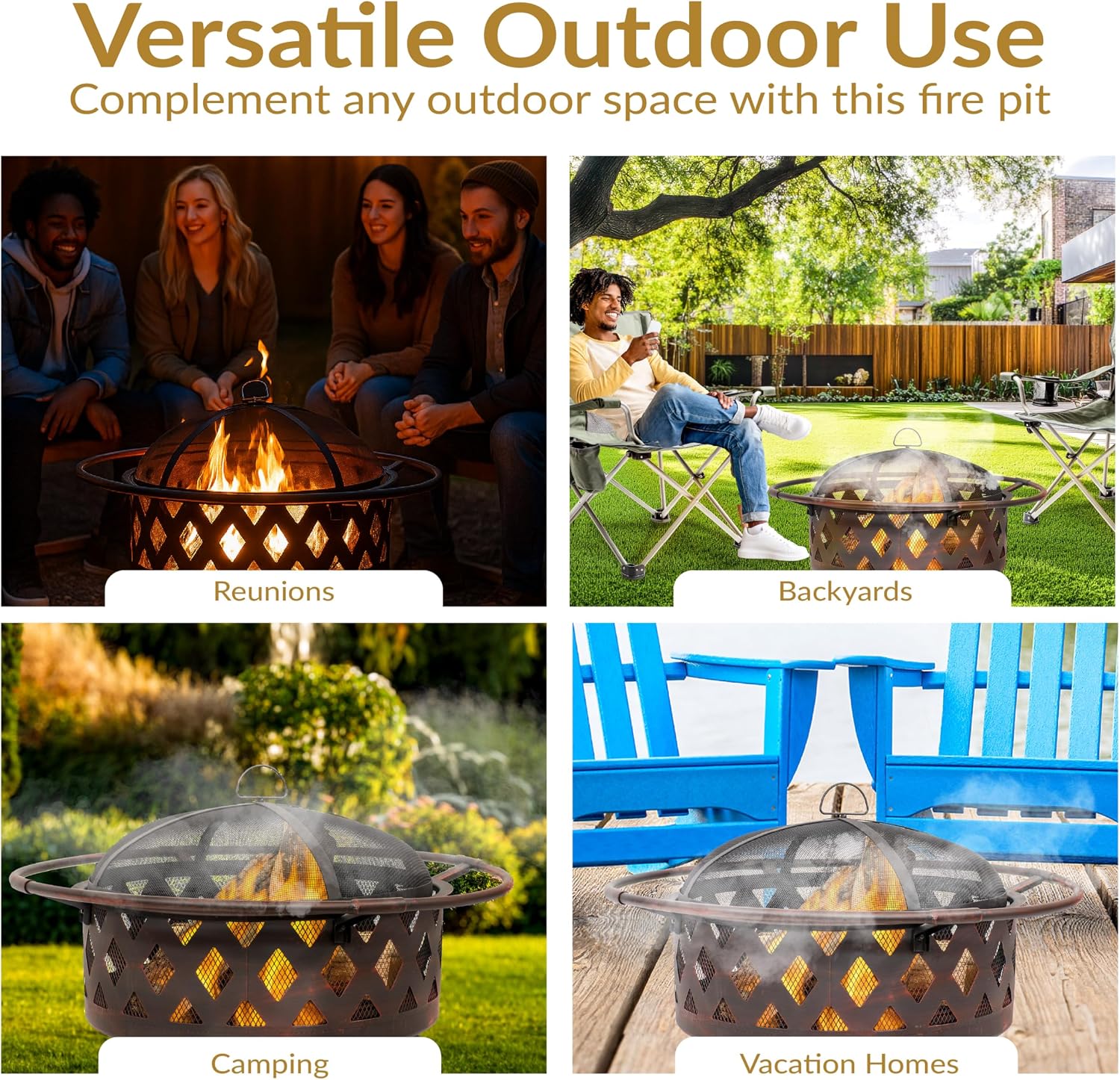 Sunnydaze Crossweave Large Outdoor Fire Pit, Wood Burning, Round, 36" | Black, Heavy Duty Steel Metal, Patio Fire Pit with Spark Screen, Poker, & Cover, Wood Firepit for Outside, Backyard, or Deck