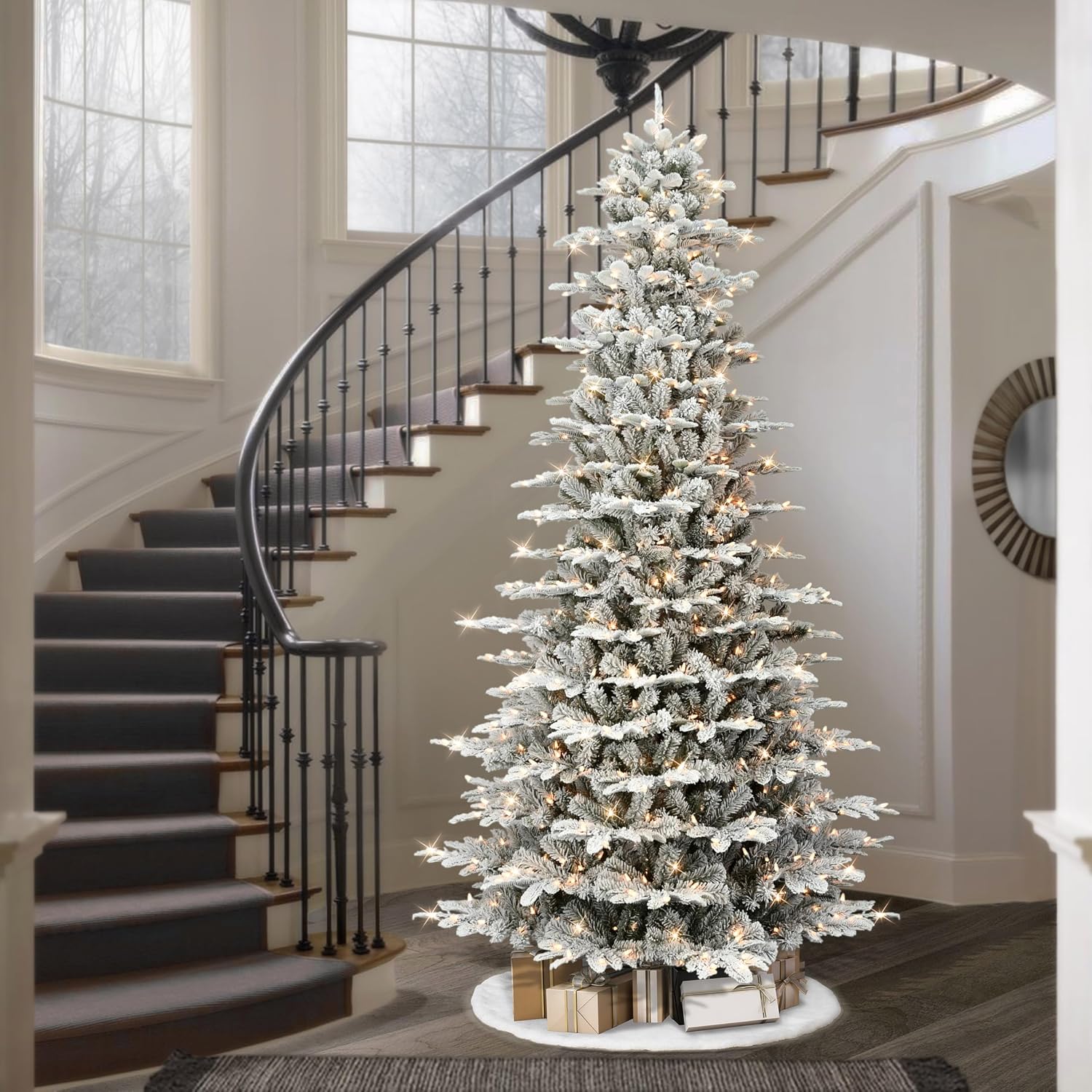 Puleo International 7.5ft Pre-Lit Slim Flocked Aspen Fir Christmas Tree with 450 Clear Lights, 1016 Realistic Dense Snow Flocked Branch Tips, Easy Setup Artificial Trees with Sturdy Metal Stand