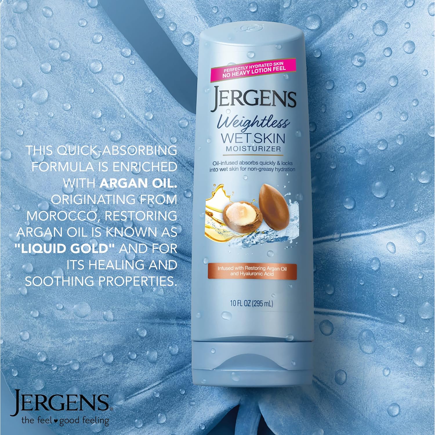Jergens In Shower Lotion For Dry Skin, Wet Skin Moisturizer, 10 oz, 4 Pack | Argan Oil, Hyaluronic Acid, Fast Absorption, Non-Sticky Formula, Dermatologist Tested