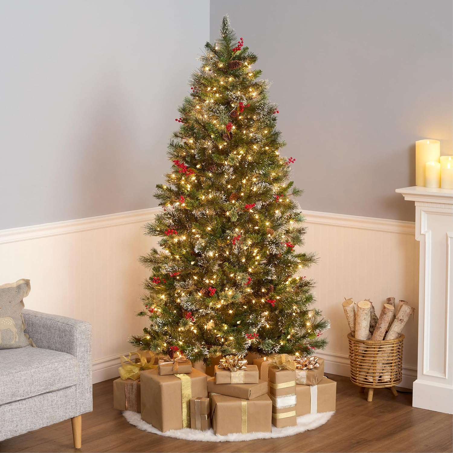 National Tree Company 7.5ft Pre-Lit Wintry Pine Medium Christmas Tree | 650 Clear Lights, 831 Tips, Flocked, Pinecones, Red Berries, Includes Stand, Green