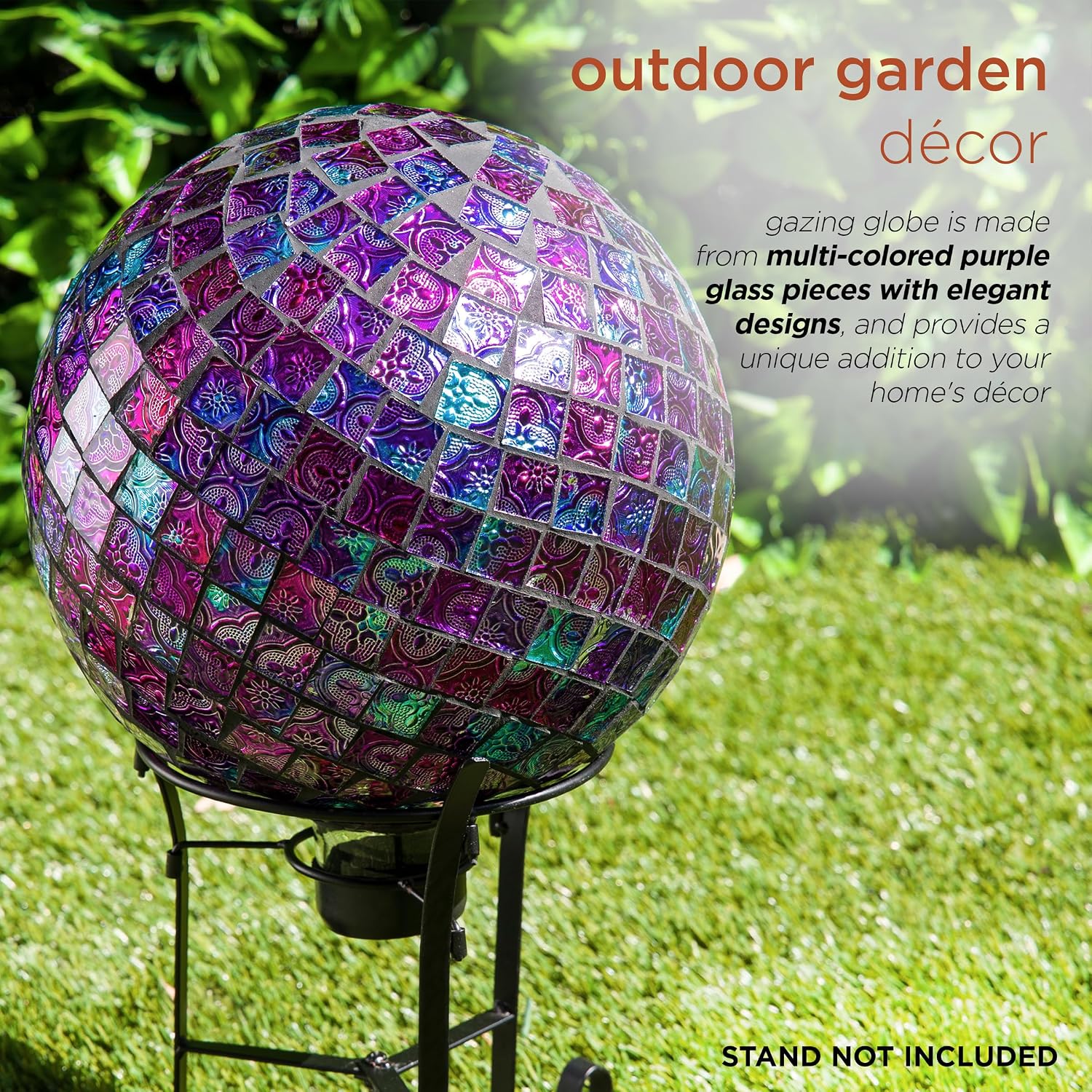 Alpine Corporation 10" Diameter Indoor/Outdoor Glass Mosaic Gazing Globe Yard Decoration, Purple Pearlized Petals Design