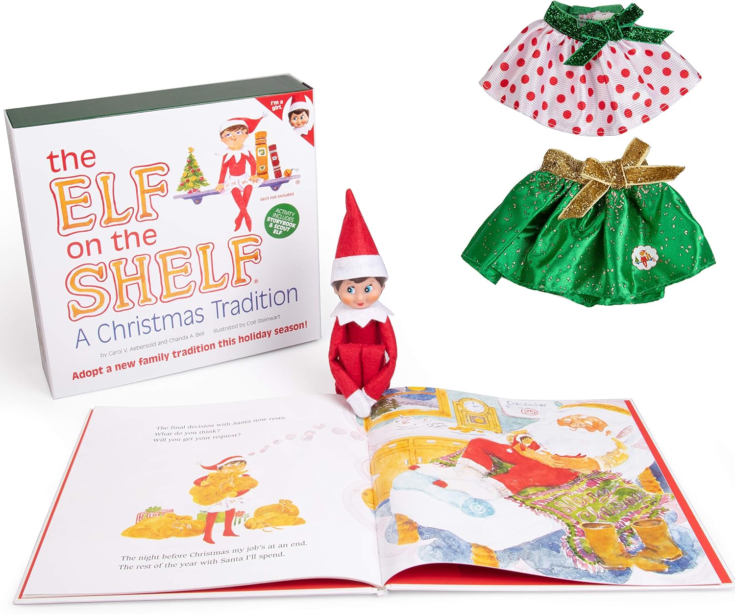 Elf On The Shelf Girl with with Party Skirts Set - Blue Eyed Female Elf Doll with Book and Twin Festive Snowflake Skirts - Customize Your Elf with