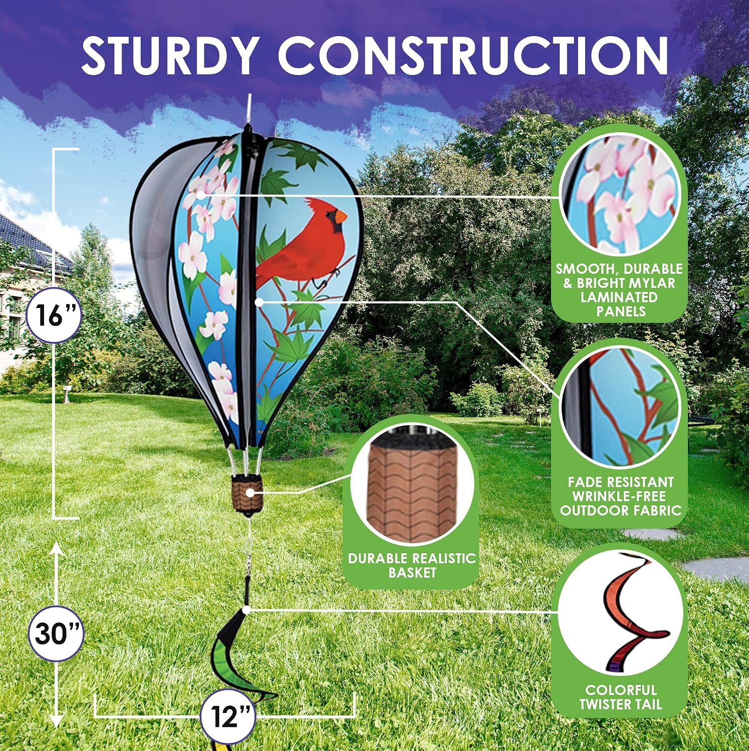 Hot Air Balloon Hanging Garden Spinner 16" - Vibrant Patriotic Design, Weather-Resistant Outdoor Decor, Durable & Lightweight for Patios, Yards, and Gardens - Eye-Catching Wind Spinner
