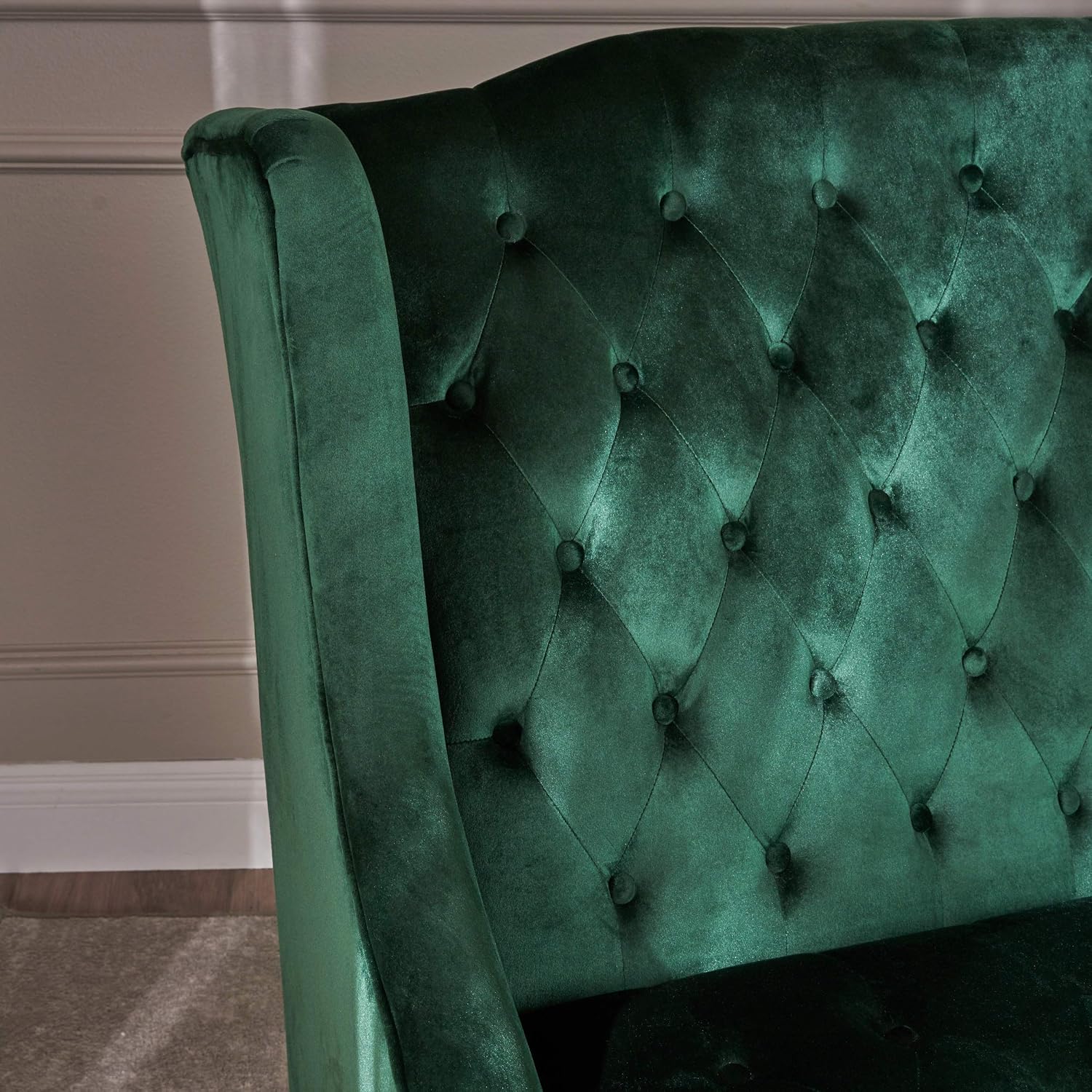 Christopher Knight Home Leora Modern Glam Tufted Velvet Wingback Loveseat, Emerald / Dark Brown