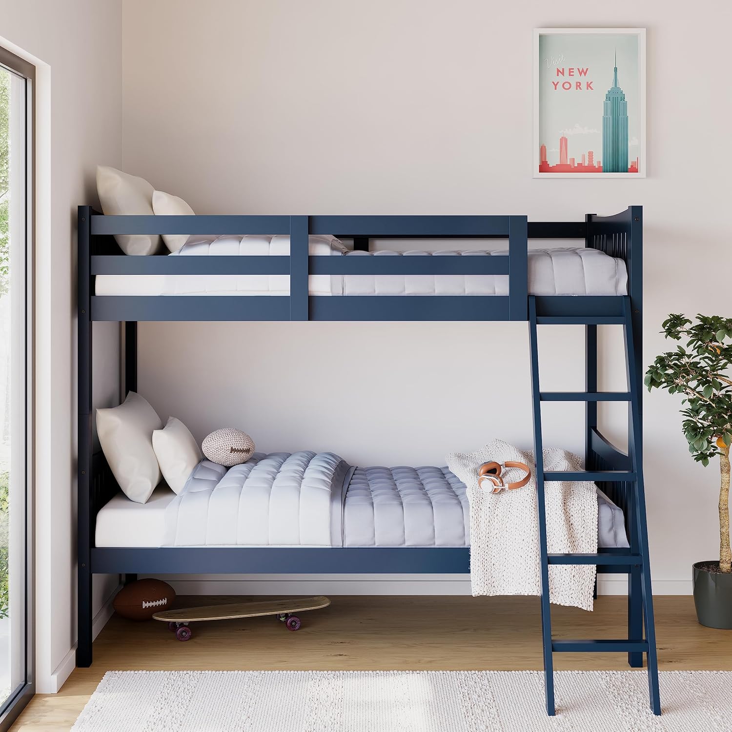 Storkcraft Caribou Twin-Over-Twin Bunk Bed, Navy | GREENGUARD Gold Certified, Wood Twin Bunk Beds for Kids Bedroom, Converts to 2 Individual Twin Beds, No Box Spring Required