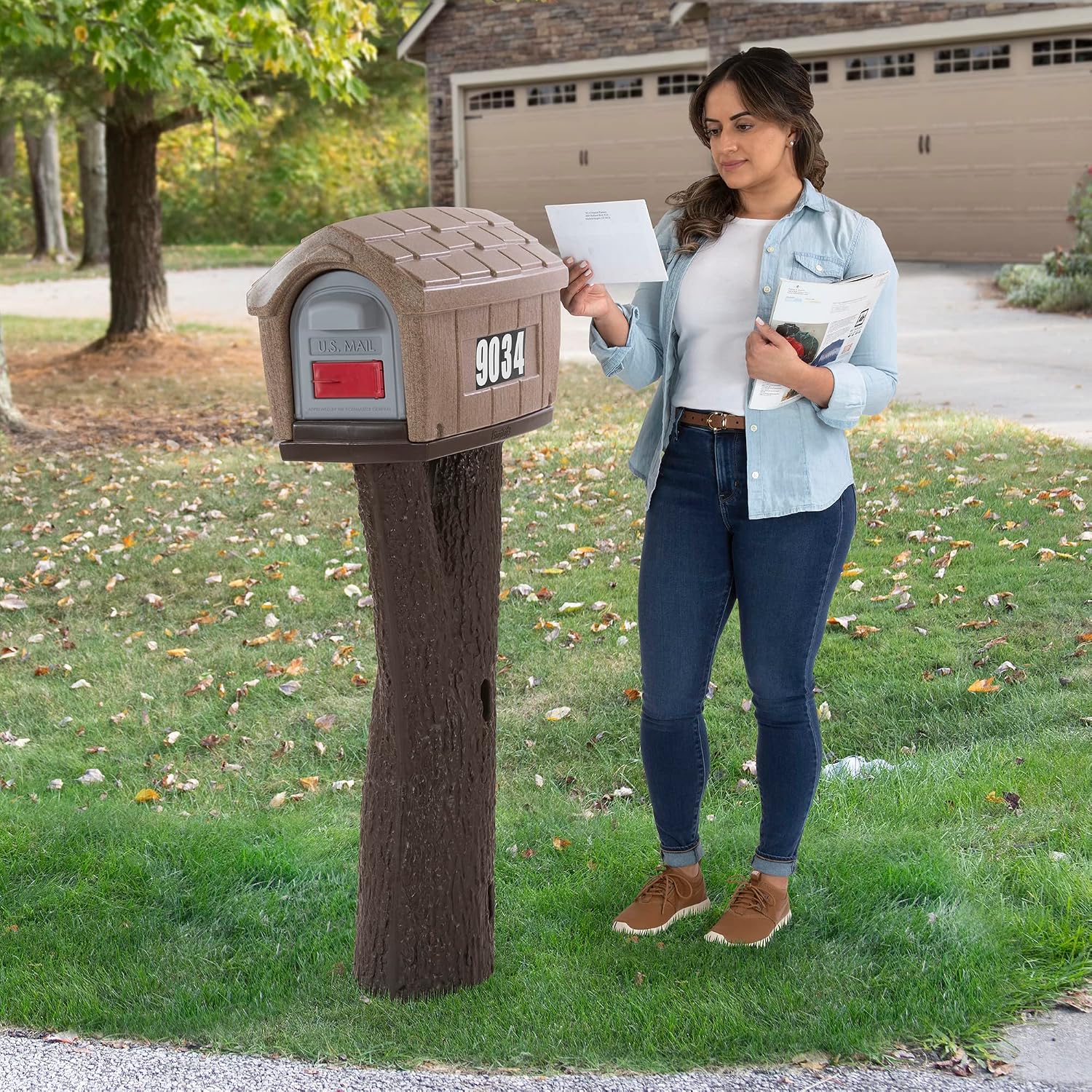 Simplay3 Rustic Home Plastic Residential Cabin Mailbox & Post Mount Combo Kit with 2 Access Doors - Sandstone, Made in USA