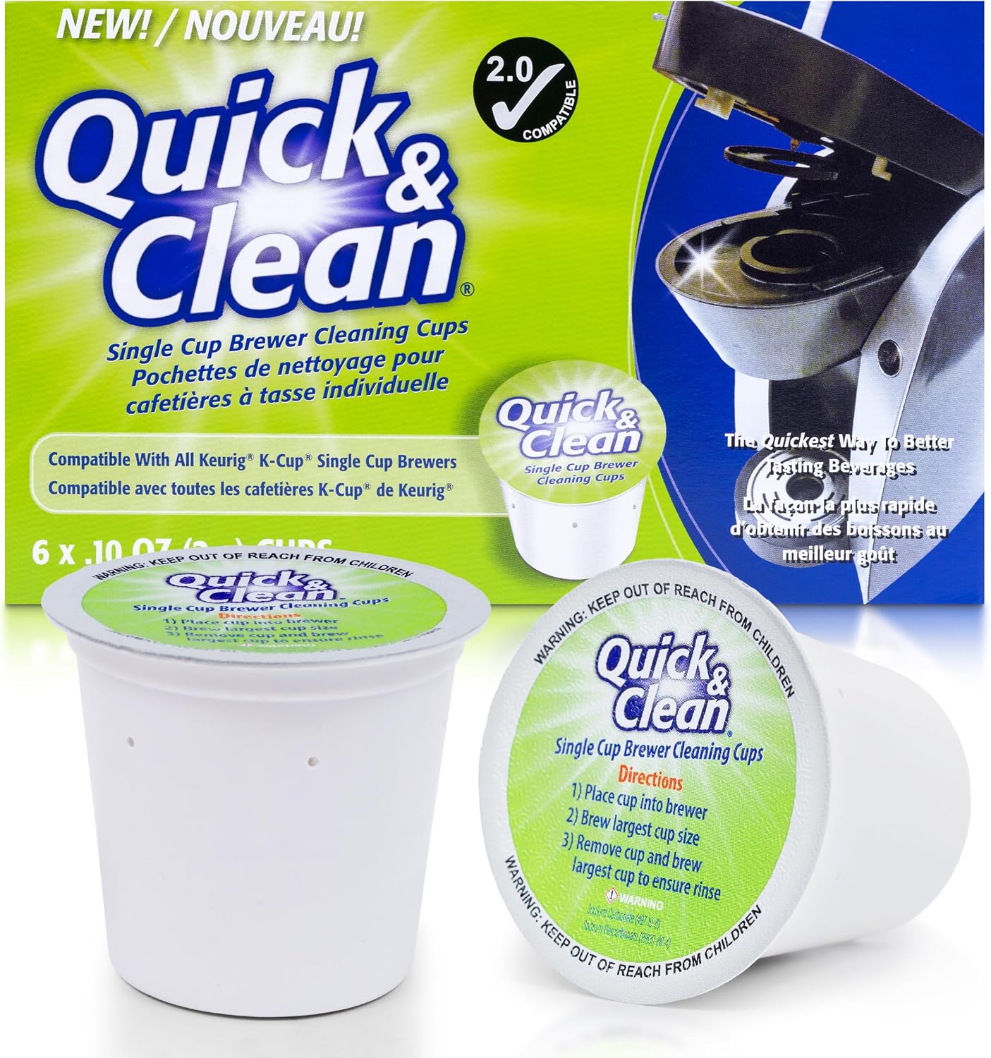 Quick & Clean [6-Pack] Keurig Cleaning Pods - K Cup Cleaner Pod For Keurig - 2.0 Coffee Machine Compatible, Removes Stains, Non-Toxic and Eco-Friendly