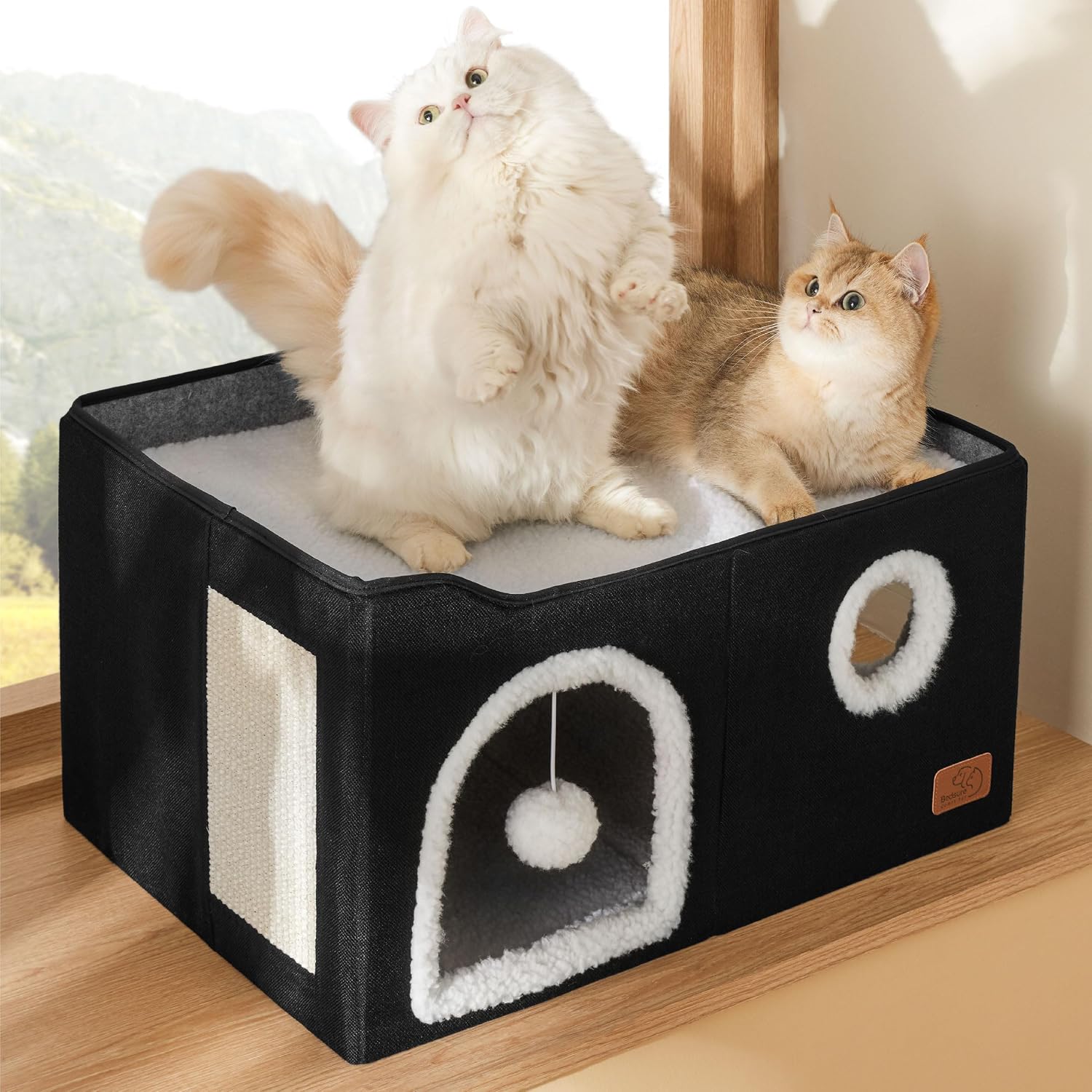 Bedsure Cat House Bed for Indoor Cats with Fluffy Ball and Scratch Pad,Grey