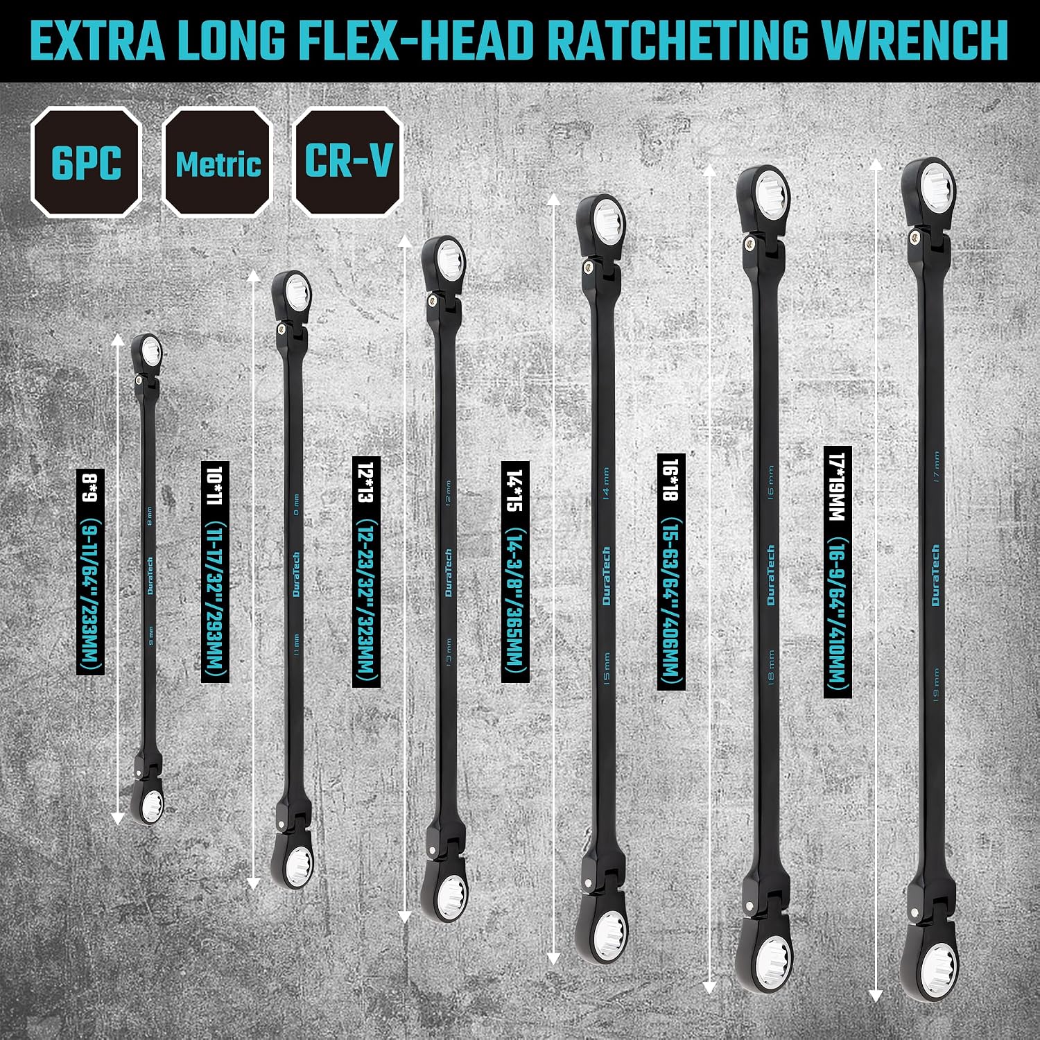 DURATECH Extra Long Flex-Head Ratcheting Wrench Set, Metric, CR-V Steel
