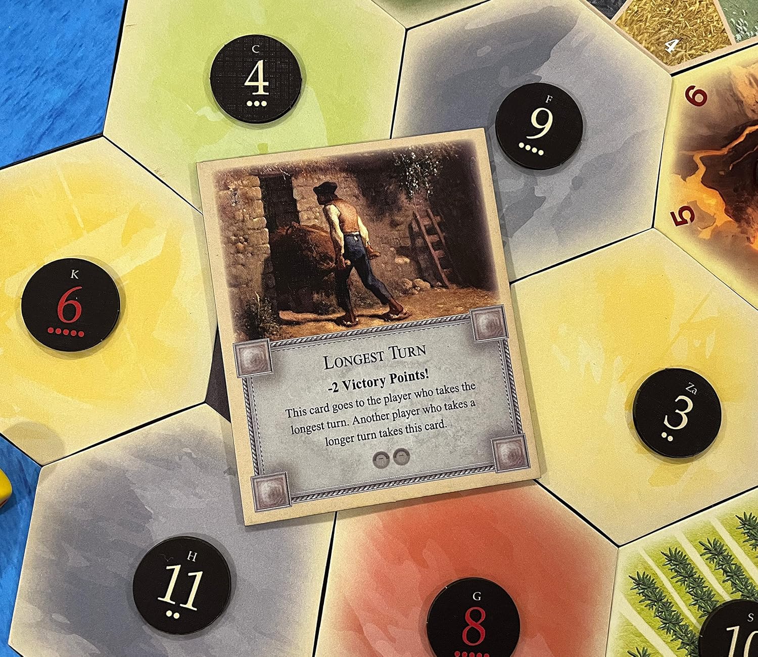 Longest Turn Card compatible with Catan's Settlers of Catan 5th Edition, Seafarers, Cities and Knights and Catan Expansions