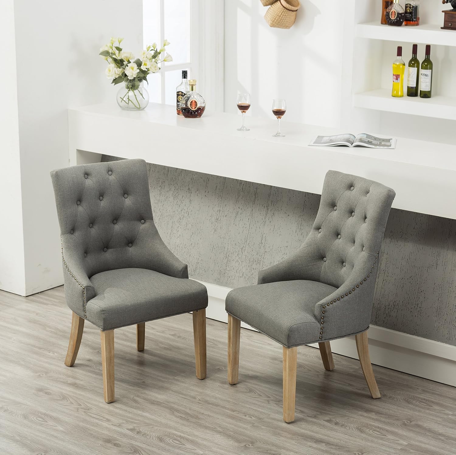 Roundhill Furniture Button Tufted Solid Wood Wingback Hostess Chairs with Nail Heads, Set of 2, Tan, White, "Tan, 24D x 22W x 39H in