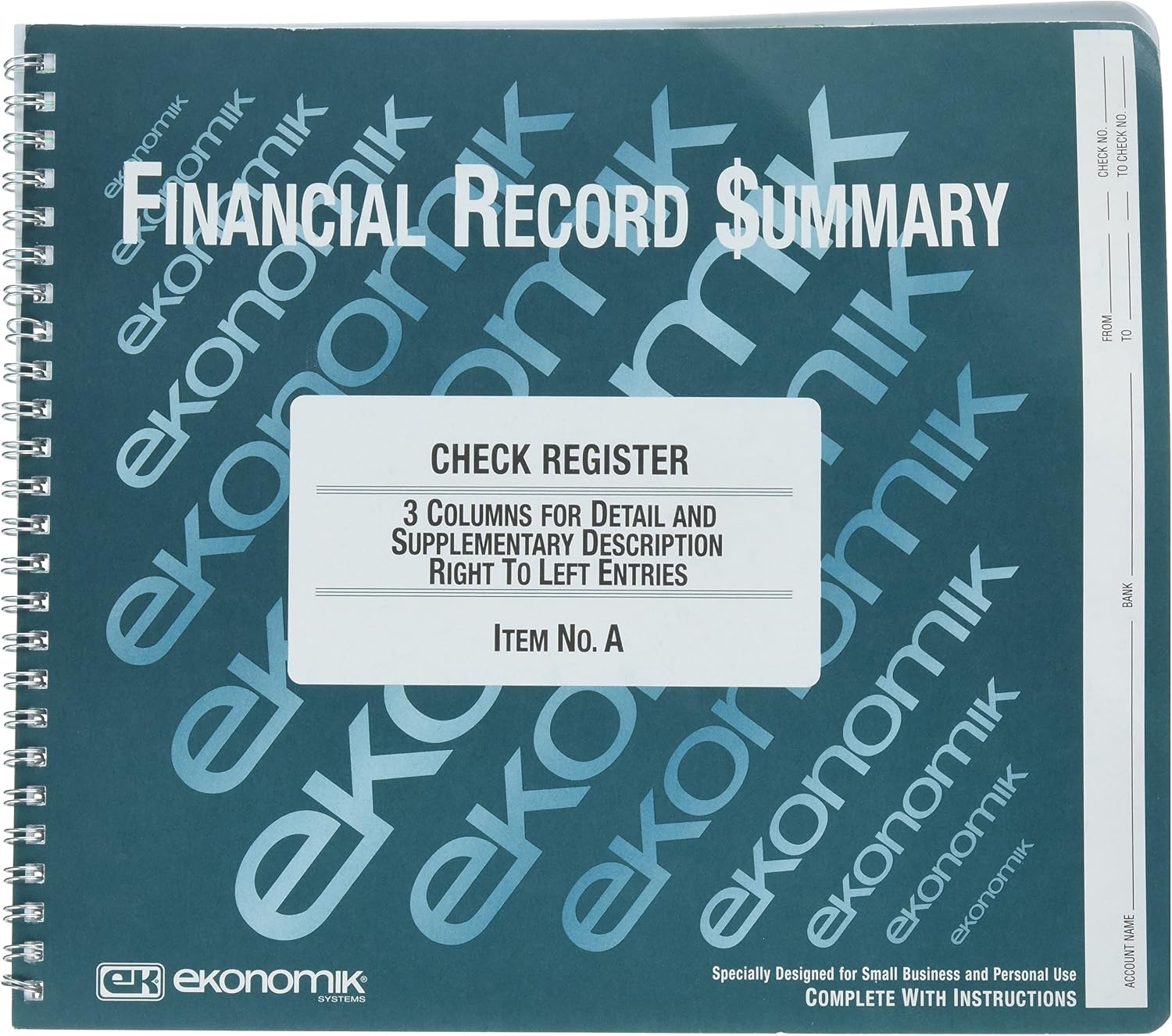 Wirebound Check Register Accounting System, 8 3/4 x 10, 40-Page Book A (DMi EA