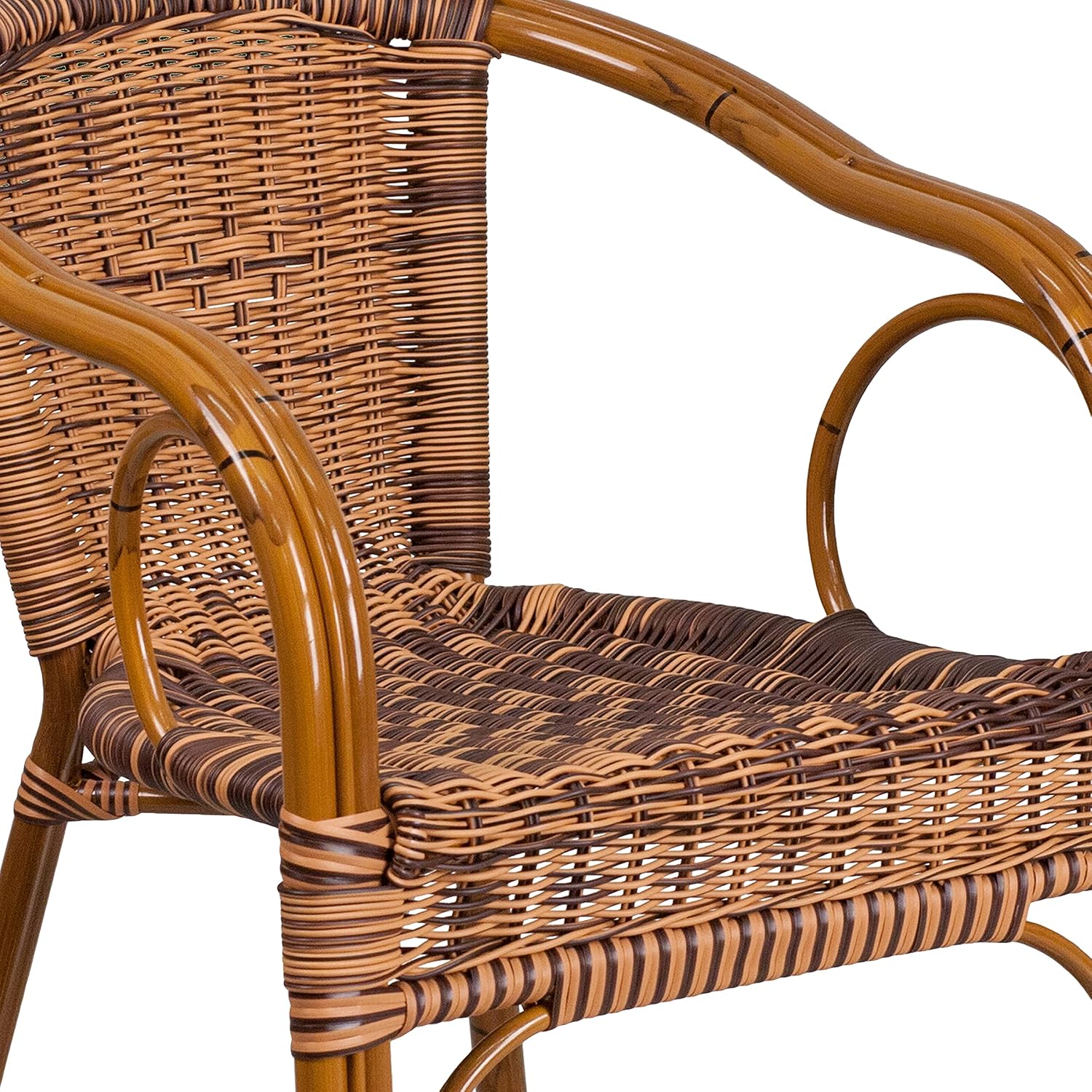 EMMA + OLIVER Brown Rattan Patio Chair with Dark Red Bamboo | Durable Construction, Commercial Use