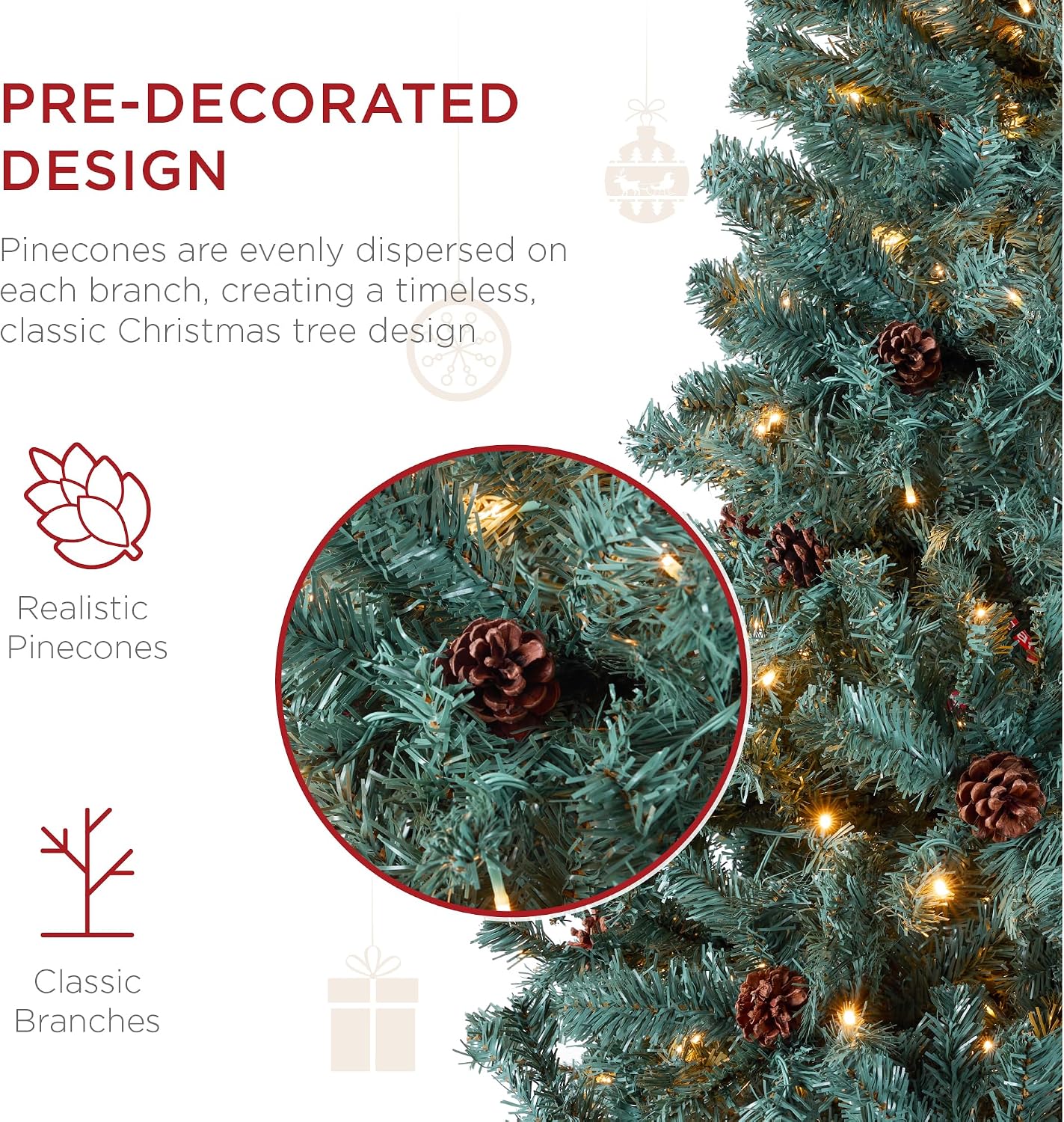 Best Choice Products 7.5ft Pre-Lit Pre-Decorated Pine Artificial Christmas Tree w/Twinkling LEDs, 1, 346 Flocked Frosted Tips, 80 Pinecones