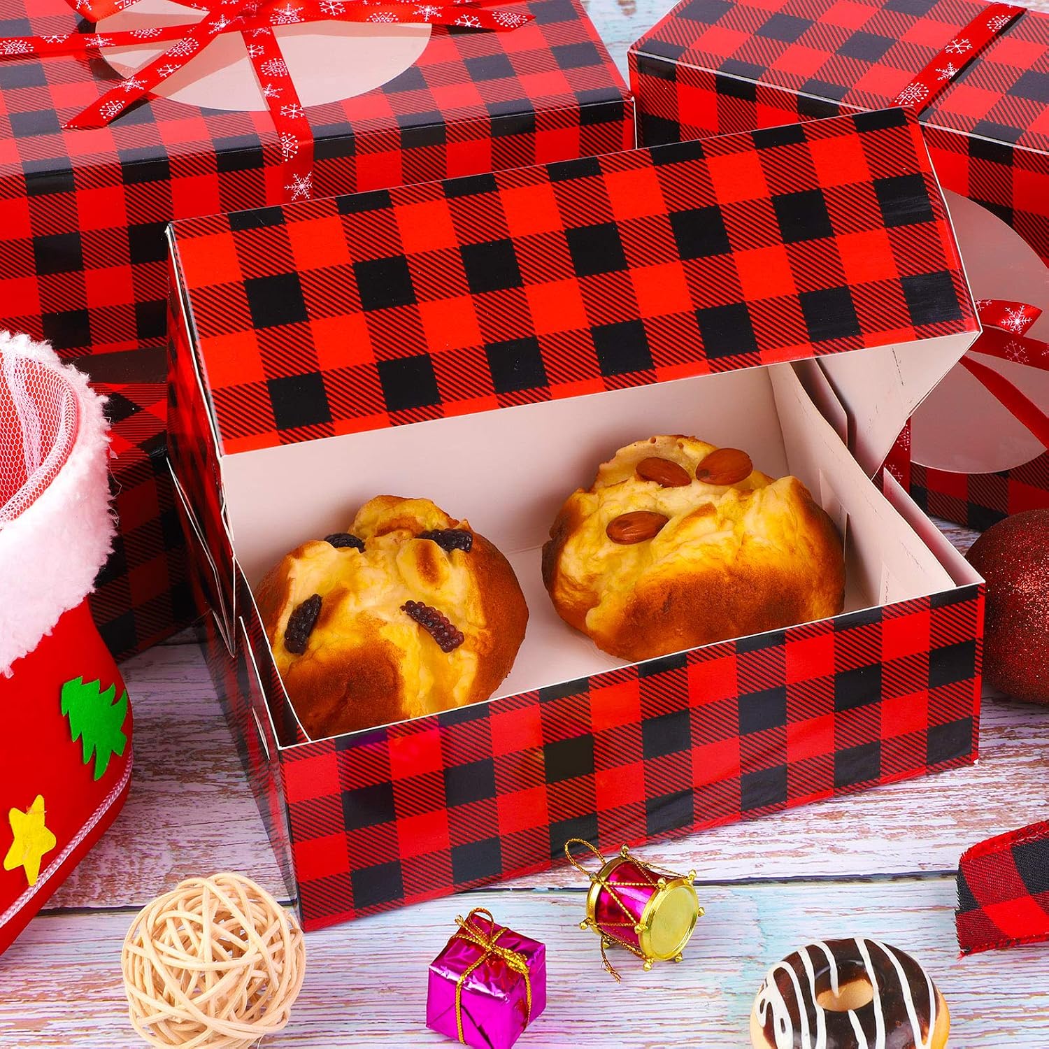 Aneco 12 Pack Christmas Cookie Boxes with Window Red and Black Plaid Holiday Treat Boxes Paper Food Boxes Xmas Gift Bags Cake Candy for Gift Giving
