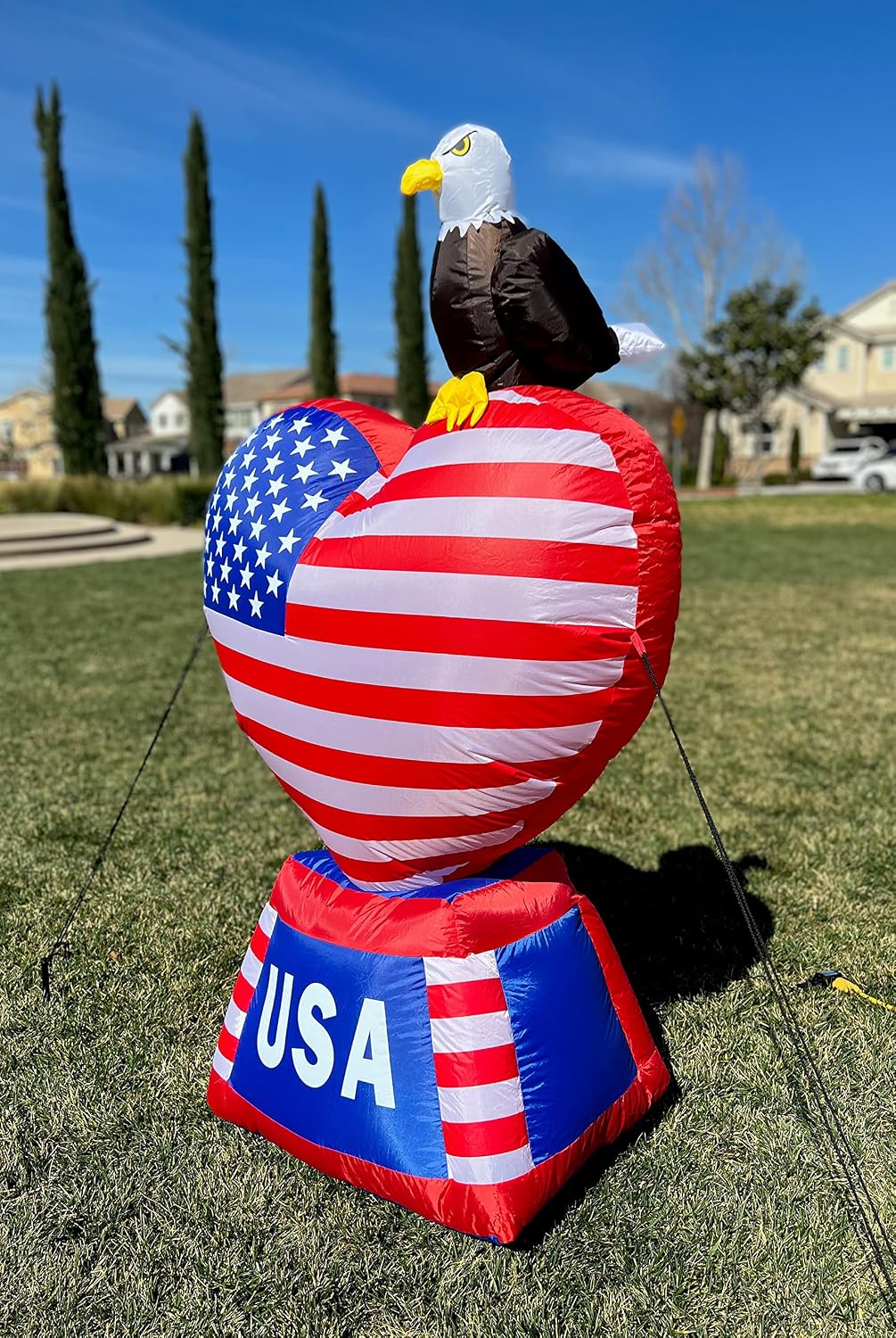 5 Foot Tall Patriotic Independence Day 4th of July Inflatable | Love Heart with American Flag and Bald Eagle, Pre-Lit LED Lights, Outdoor Indoor