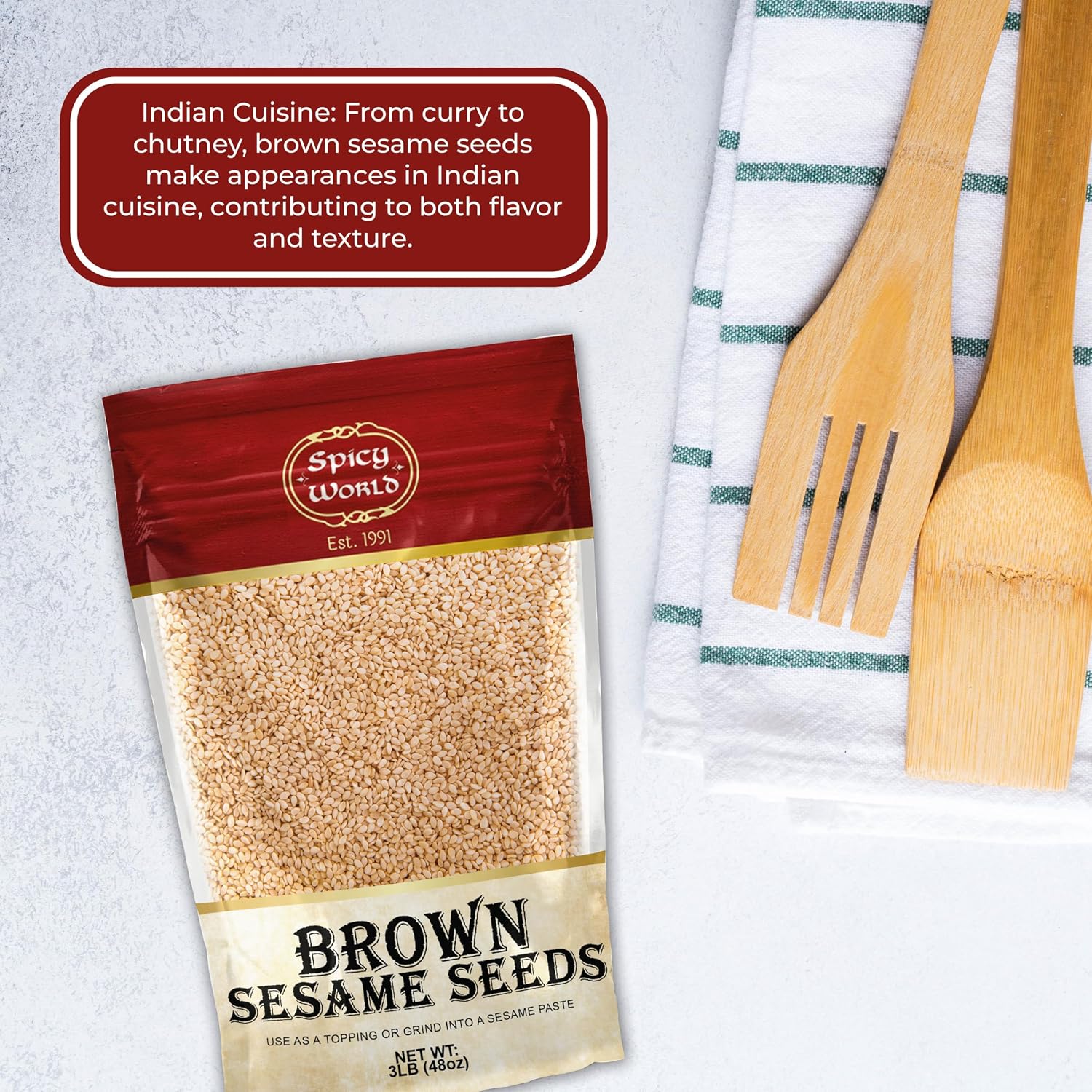 Spicy World Natural Brown Sesame Seeds 3 LB (48oz) - Non-GMO, Vegan, Raw, Unroasted, Unsalted, Plant-Based Protein, Source of Fiber & Iron