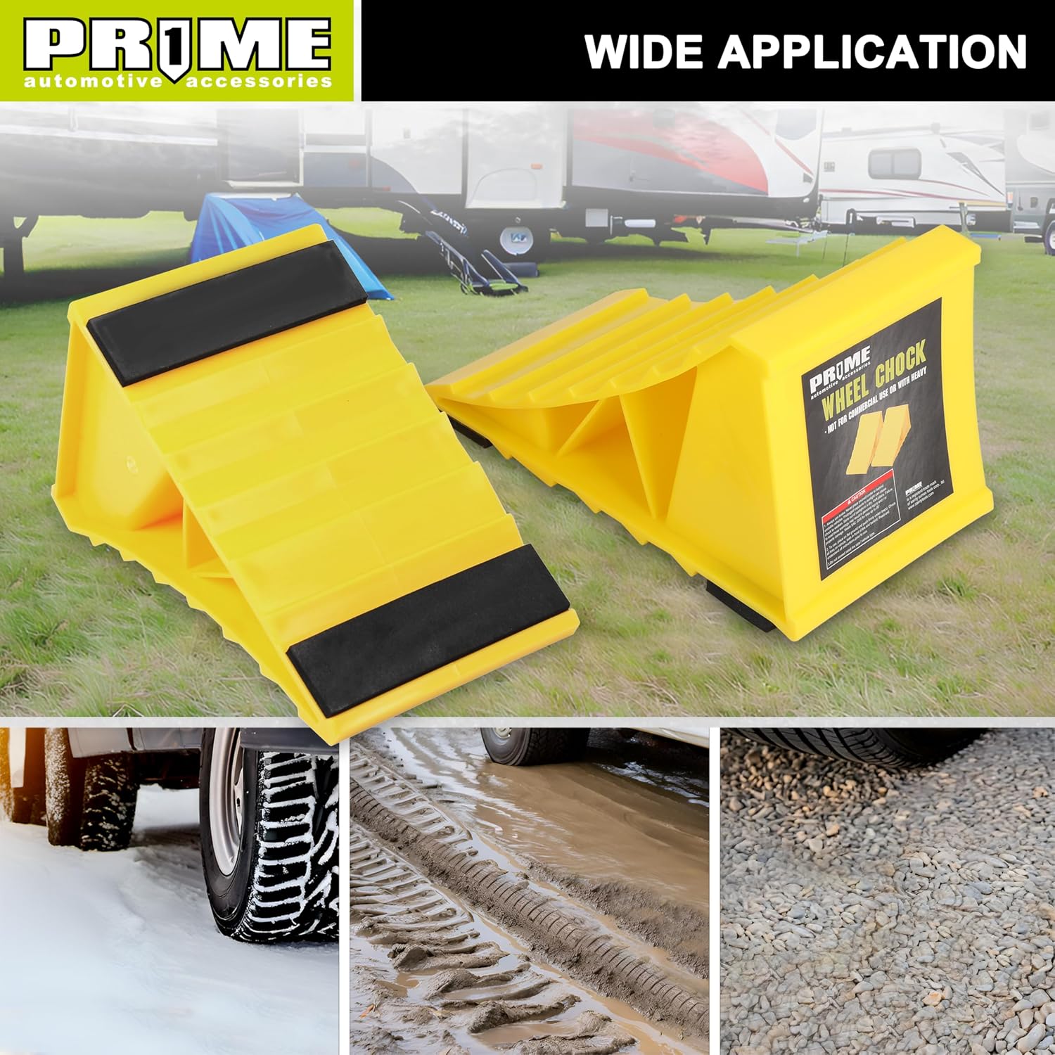 PR1ME Wheel Chocks with Non-Slip Base for RV & Trailer. 2 Pack Heavy Duty Wheel Chock with Bright Yellow. Lightweight Wheel Stoppers for Cars Camper