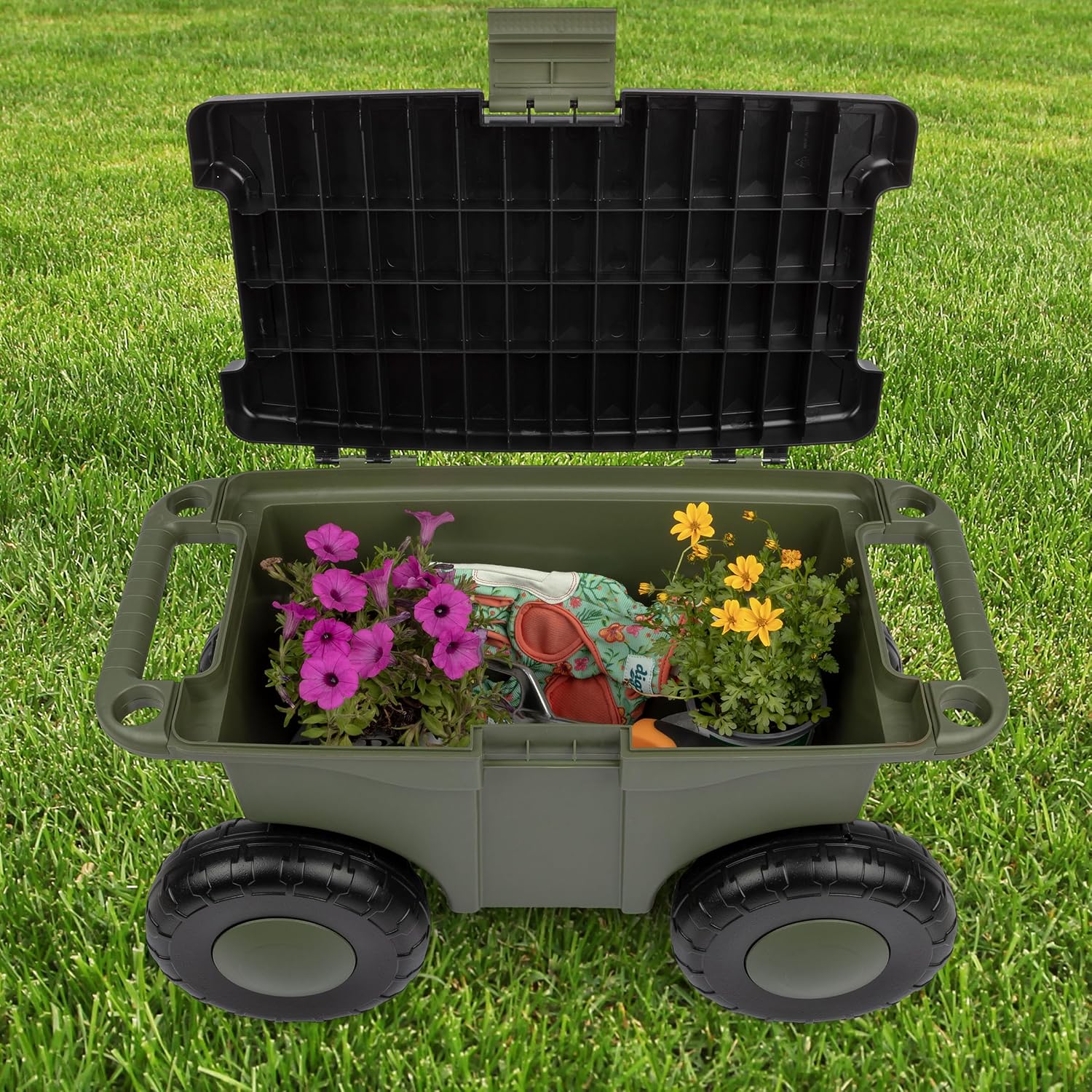 Rolling Garden Cart with Seat - Plastic Storage with Bench and Interior Tool Tray - Gardening Stool for Weeding and Planting By Pure Garden (Green) | Plastic Storage with Bench and Interior Tool Tray - Gardening Stool for Weeding and Planting