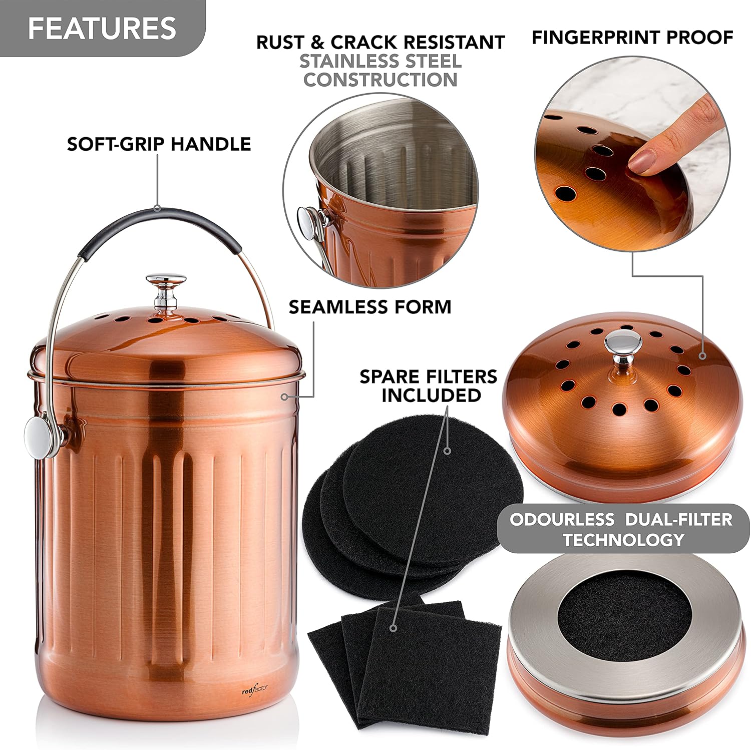 RED FACTOR Premium Compost Bin for Kitchen Countertop - Stainless Steel Food Waste Bucket with Innovative Dual Filter Technology - Includes Spare