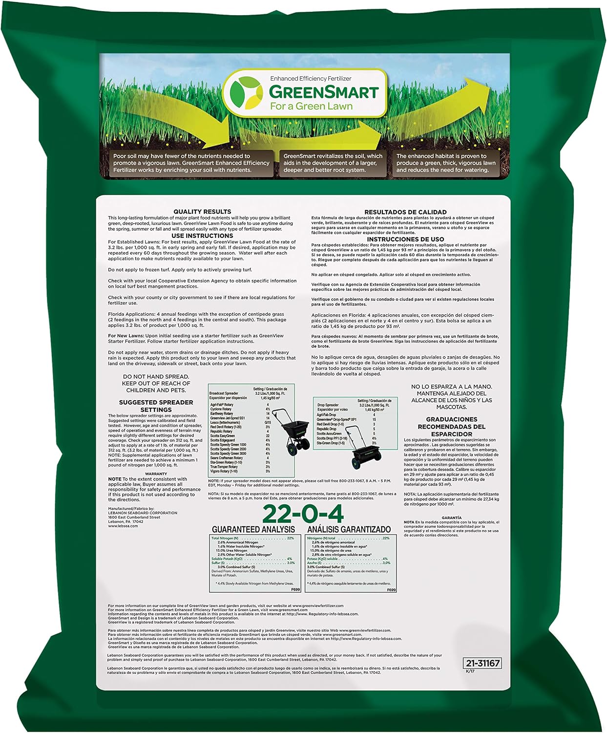 GreenView Lawn Food 48 lb. Bag, Covers 15,000 sq. ft. | 22-0-4 NPK formula - Restores soil nutrients - 8 weeks continuous feeding