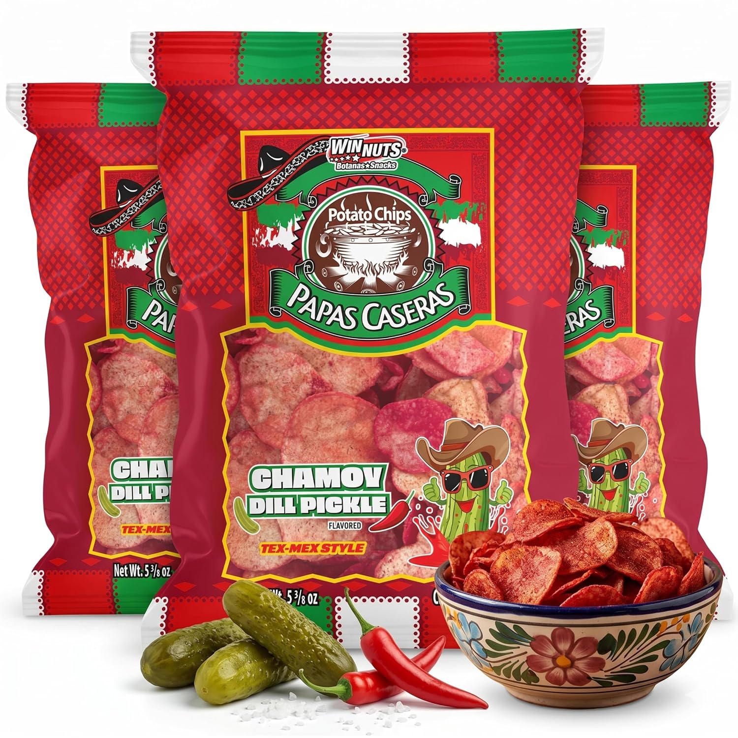 WINNUTS Jalapeño Chips Kettle Cooked (3 Pack, 5.6 oz Each) | Authentic Mexican Style Spicy Potatoes Chips | Homestyle "Papa Casera" for Parties