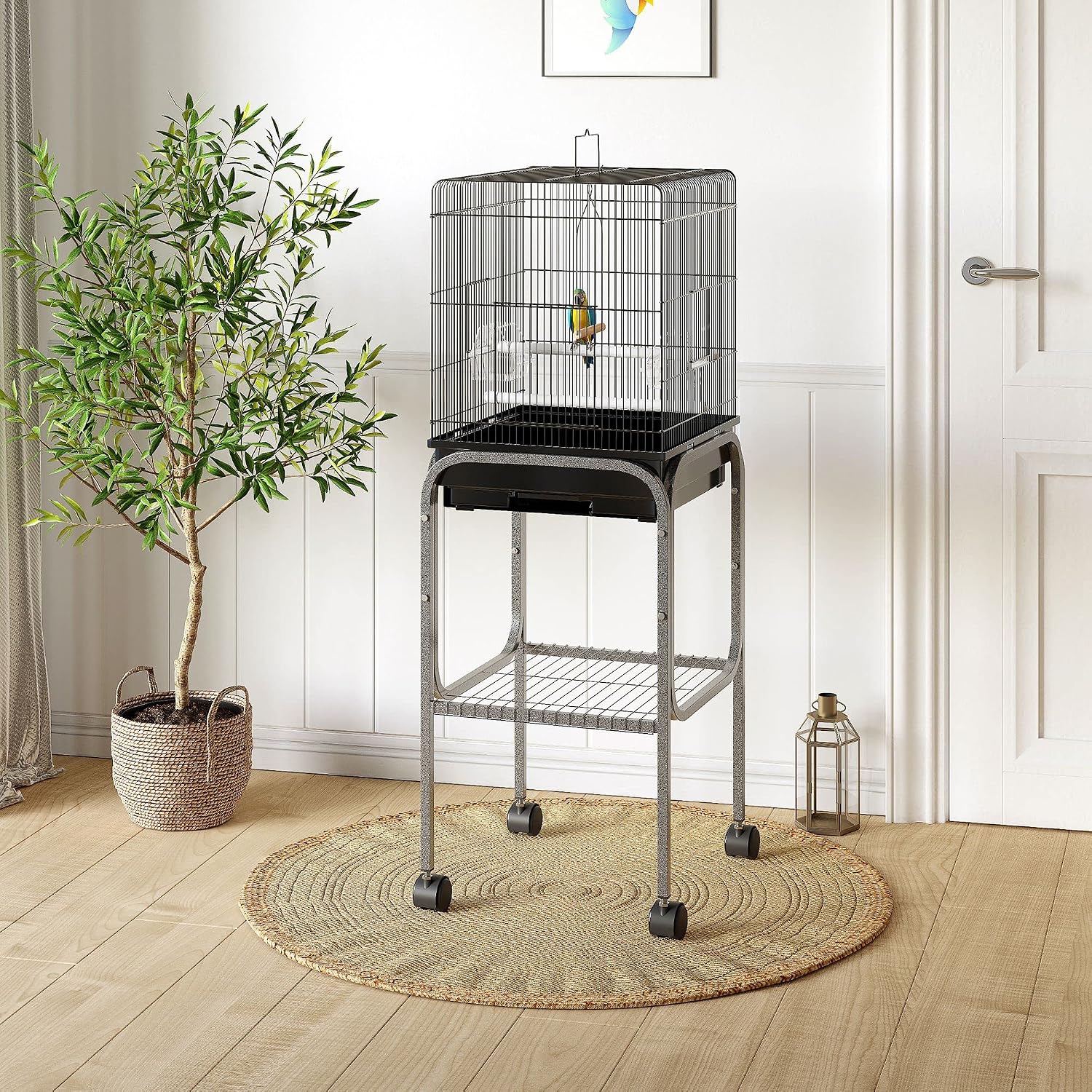 Pawhut 45-inch Metal Indoor Bird Cage, Parrot Cage, Bird Aviary with Detachable Rolling Stand, Storage Basket, and Accessories - Black | Parrot Cage