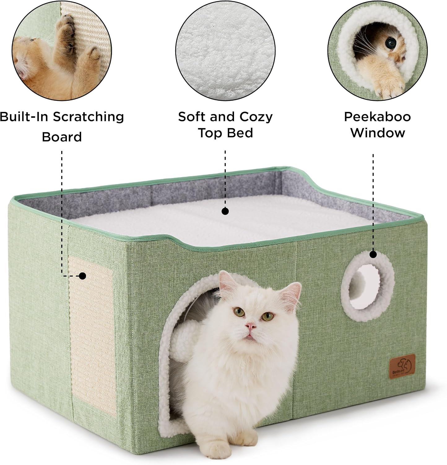 Bedsure Cat House Bed for Indoor Cats with Fluffy Ball and Scratch Pad,Grey