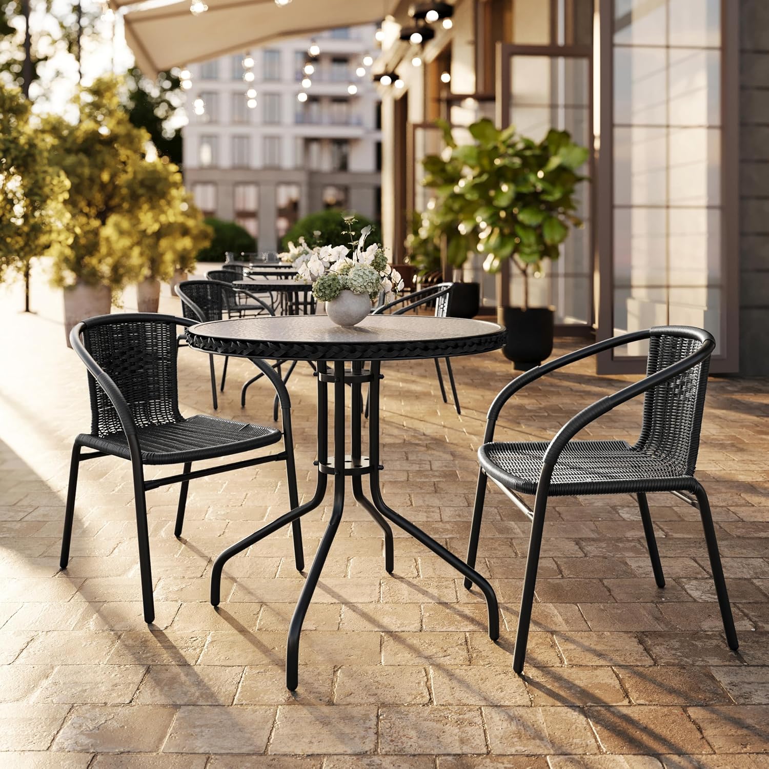 Flash Furniture Lila Modern Rattan Indoor/Outdoor Stackable Dining Chairs, Stacking Rattan Bistro Chairs for Patio or Restaurant, Set of 4, Brown | Commercial Grade, Indoor/Outdoor Use