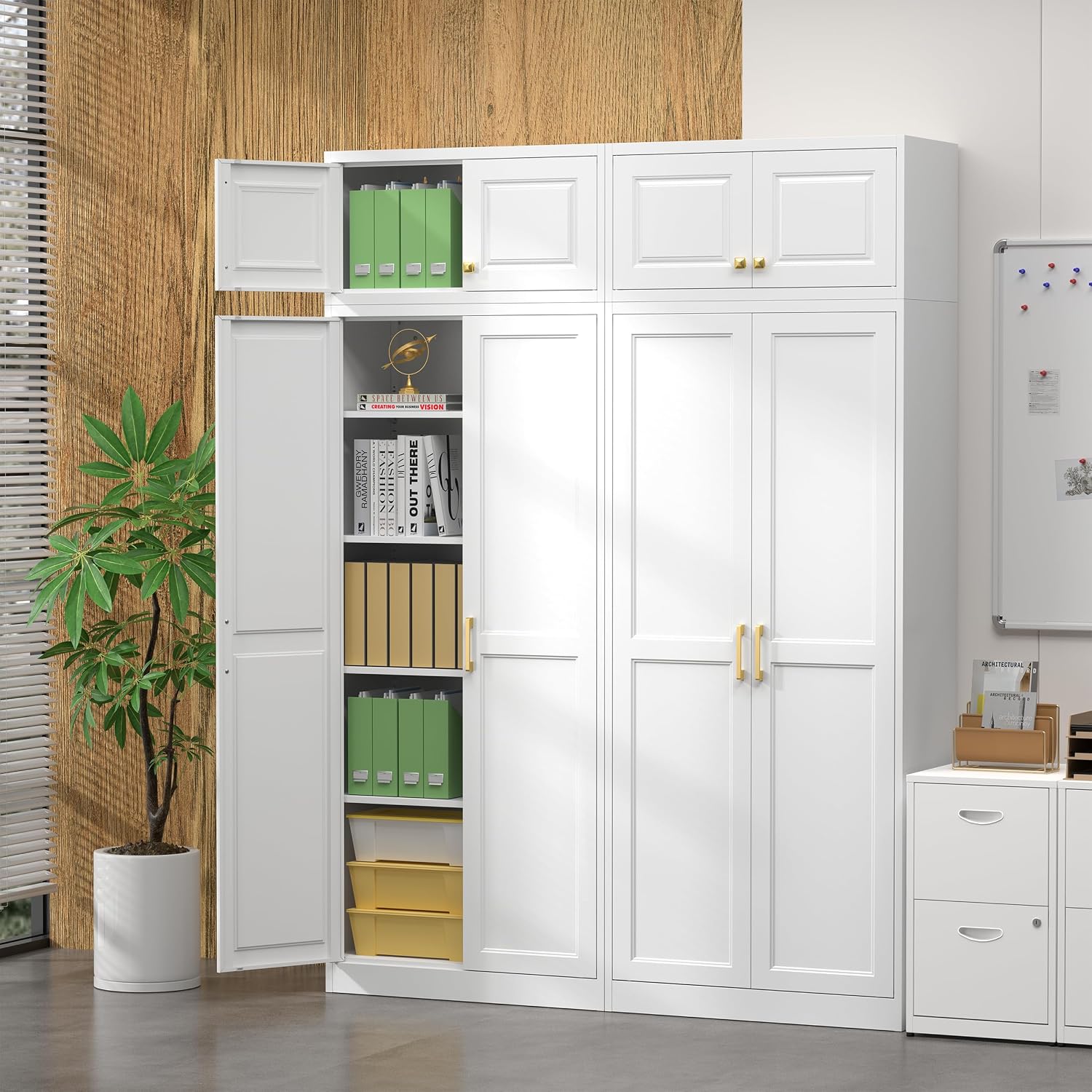 Steeloong 71"Metal Pantry Storage Cabinet with Doors & 4 Adjustable Shelves | Kitchen Pantry Cabinet,White Kitchen Cabinet with 2 Gold Handles,Tall Cabinet for Livingroom,Pantry, Bathroom,Kitchen