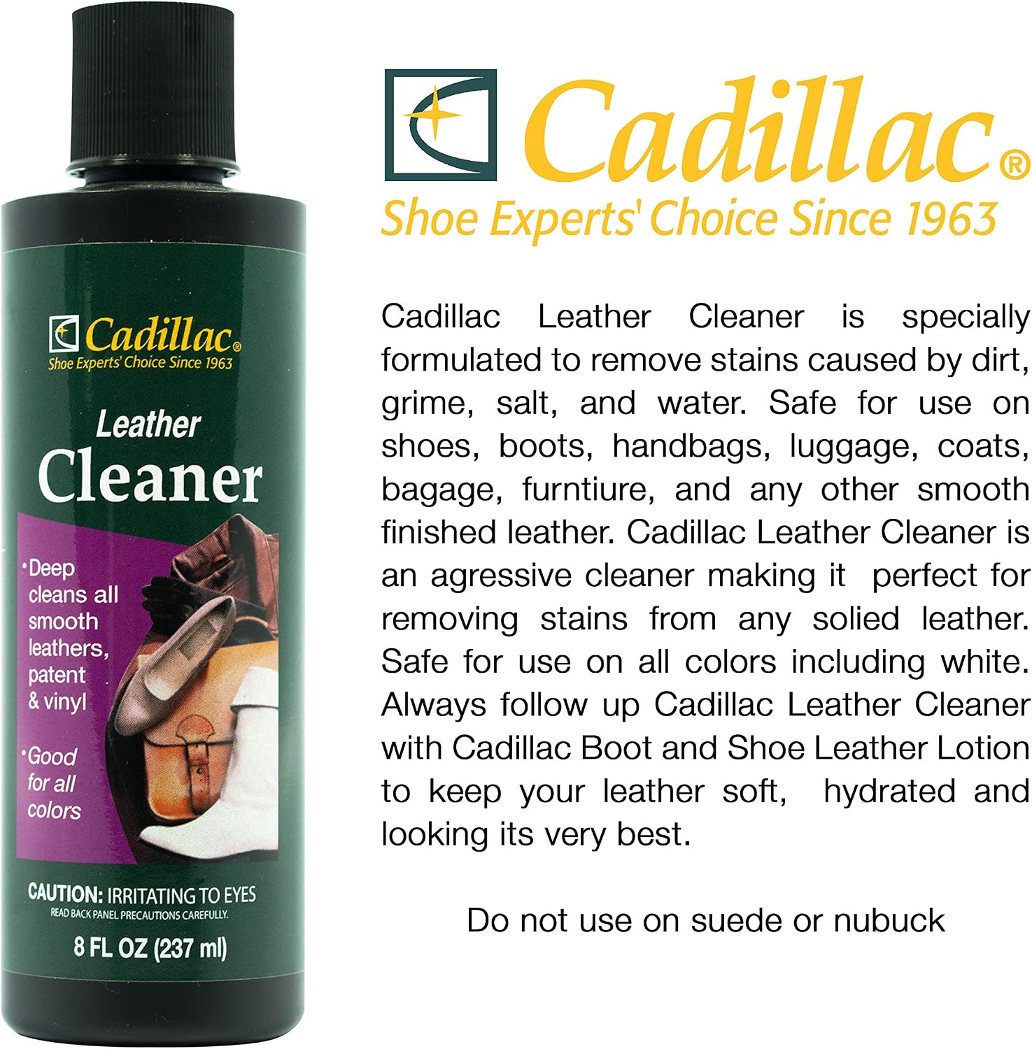 Cadillac Leather Cleaner, Shoes, Boots, Handbags, Auto | Removes dirt, grime and salt from finished leathers. For furniture and upholstery.