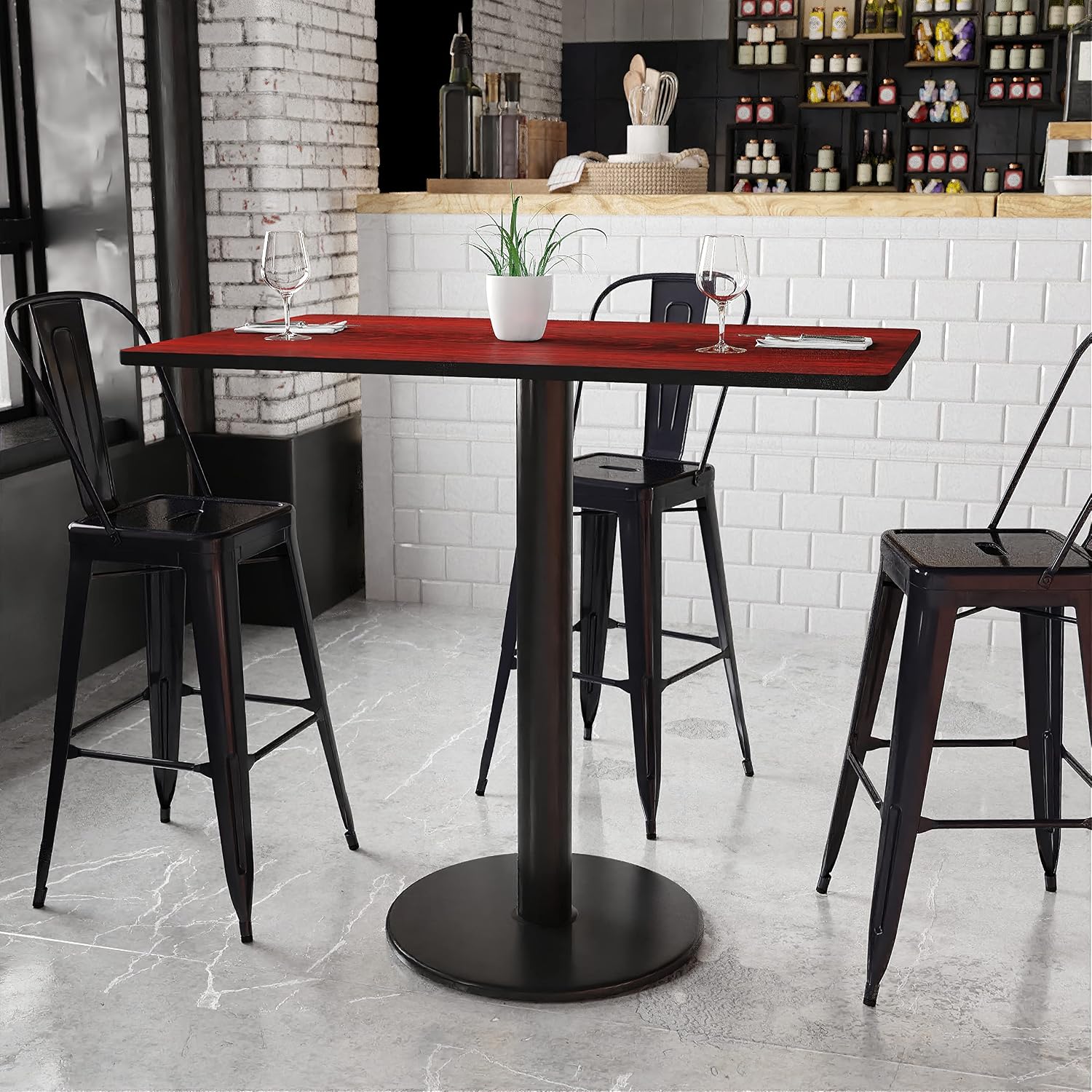 Flash Furniture 48x30" Rectangular Table and 24" Round Base, Walnut | Bar Height, Laminate, Durable Construction, Commercial Use