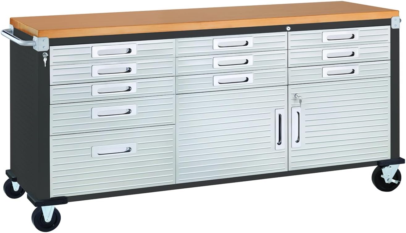 Seville Classics UltraHD Heavy Duty Rolling Cabinet Workbench Table w/Solid Wood Top, Workstation for Garage, Warehouse, Office, Workshop, 77" W x 20" D x 37.5" H, Graphite, 11-Drawer