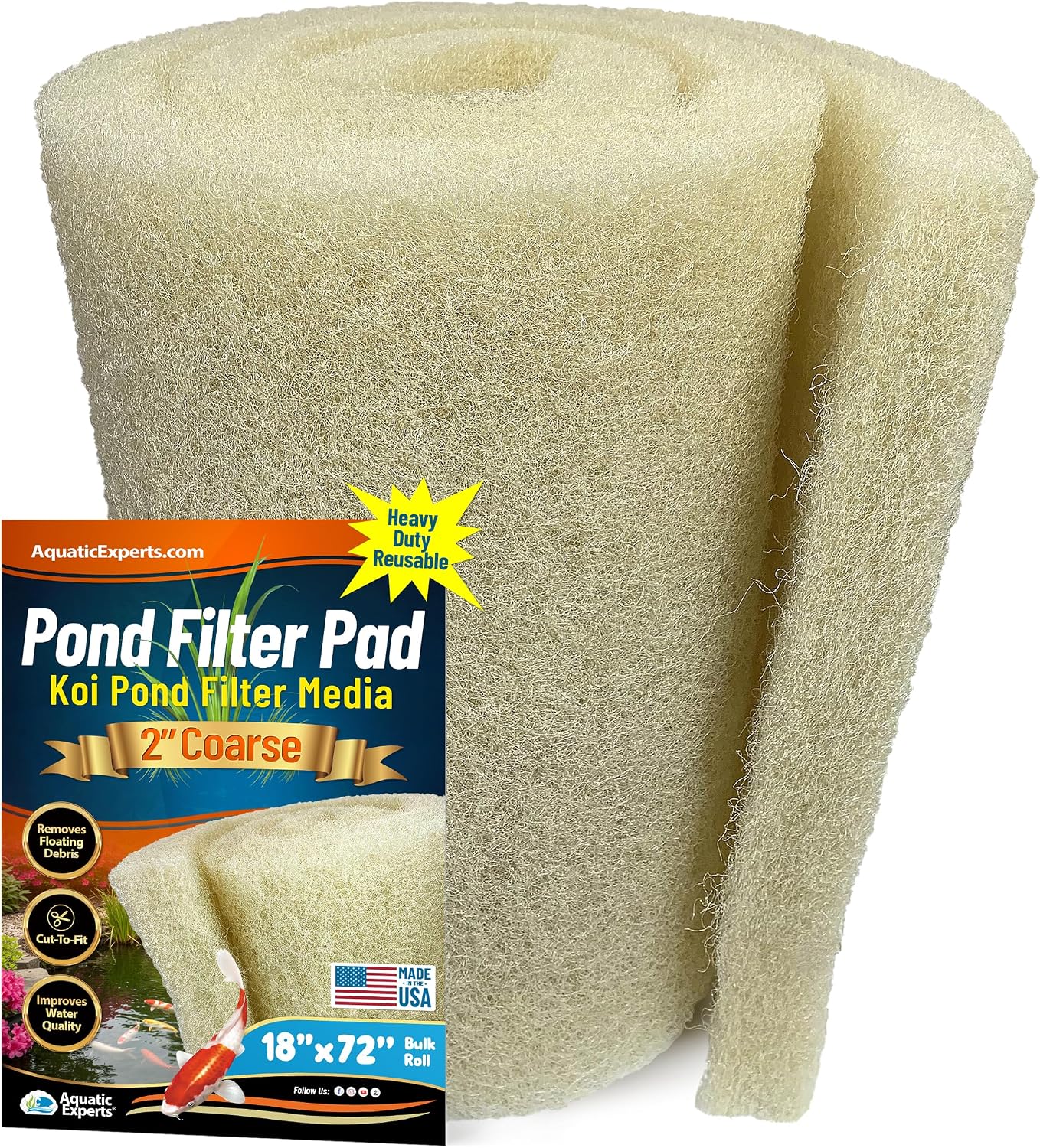 Aquatic Experts Cream COARSE Pond Filter Pad - 2 inch Thick - Bulk Roll Water Garden Filter Pond Media - Made in USA, (12" x 36")