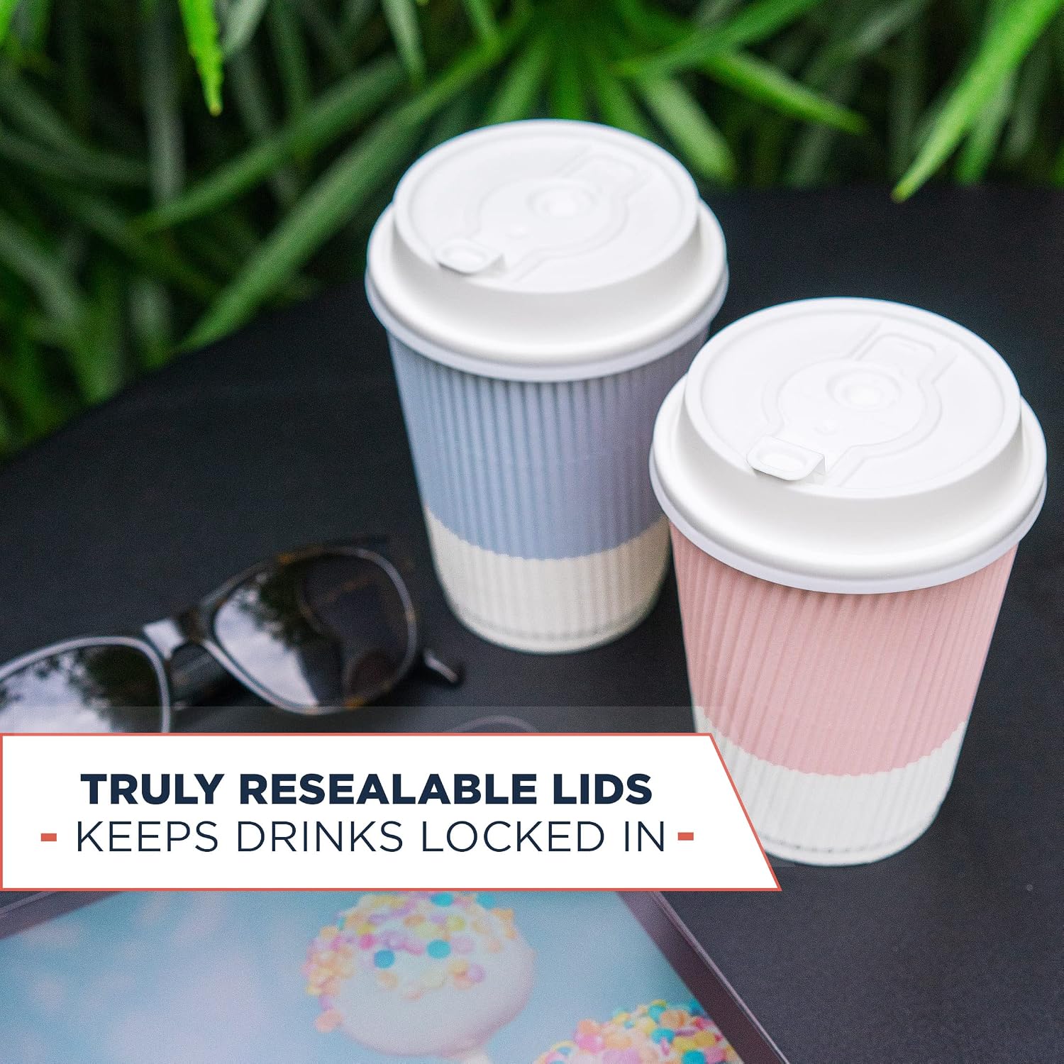 Disposable Coffee Cups With Lids - (80 set) 12 oz Paper To Go Coffee Cups With Resealable Lids Prevent Leaks! Travel Insulated Hot Beverage Drink Cup. Will Not Bend With Heat or Burn Fingers