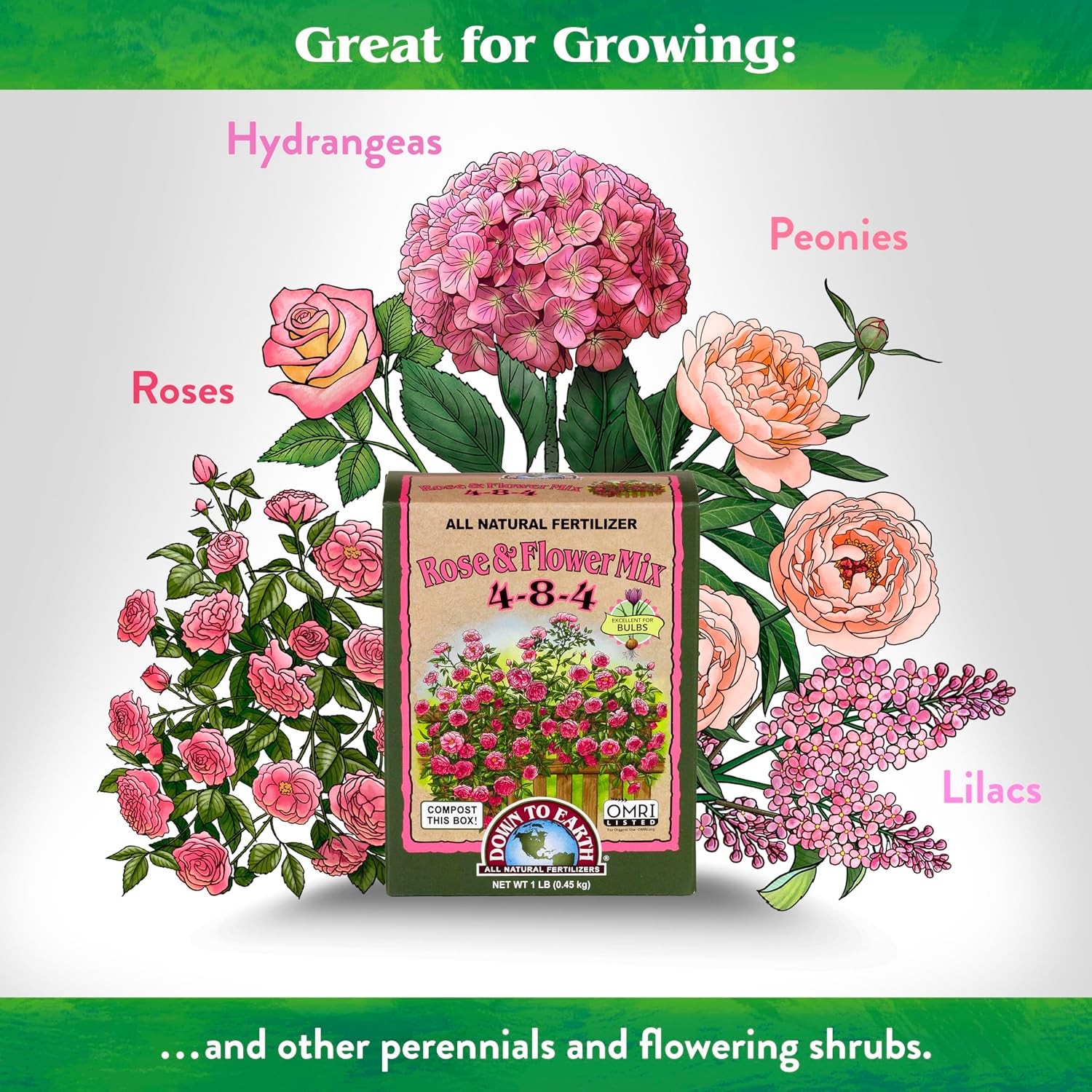 Down To Earth All Natural Fertilizers Organic Rose & Flower Mix - 1 lb | Plant Food for Roses, Bulbs, Flowers, Ornamentals, Perennials, 4-8-4 Formula for Flower Beds, Container Gardens