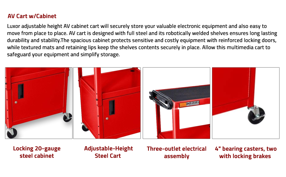 Luxor Multipurpose Height Adjustable Steel AV Utility Cart - Red