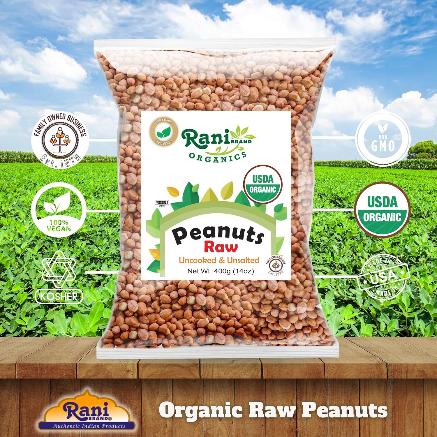 Rani Peanuts, Raw Whole With Skin (uncooked, unsalted) 14oz (400g) ~ All Natural | Vegan | Kosher | Gluten Friendly | Fresh Product of USA ~ Spanish Grade Groundnut/Red-skin
