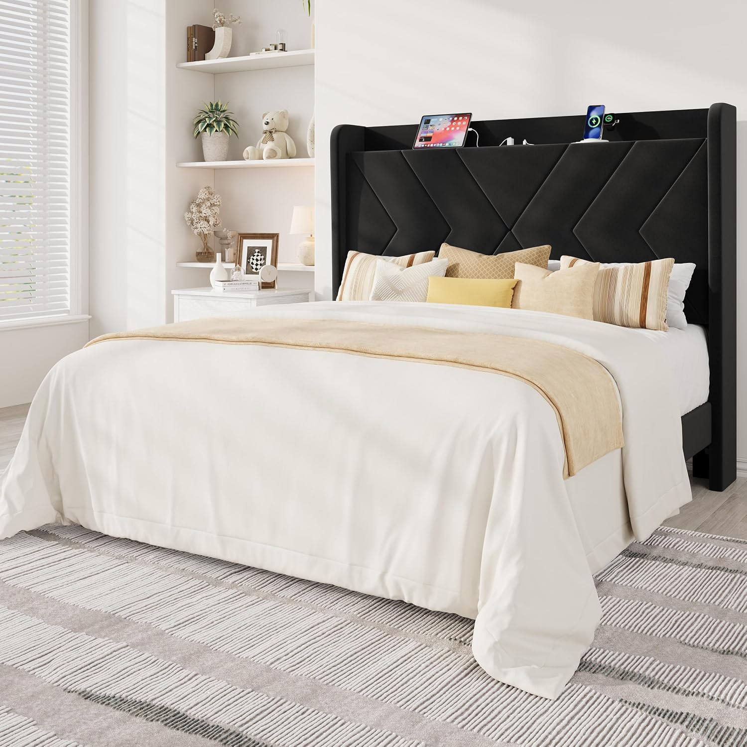 Allewie Full Size Platform Bed Frame with Charging Station and Storage Shelf/Upholstered Velvet Wingback Headboard/Wooden Slats Support/No Box Spring Needed/Easy Assembly, White