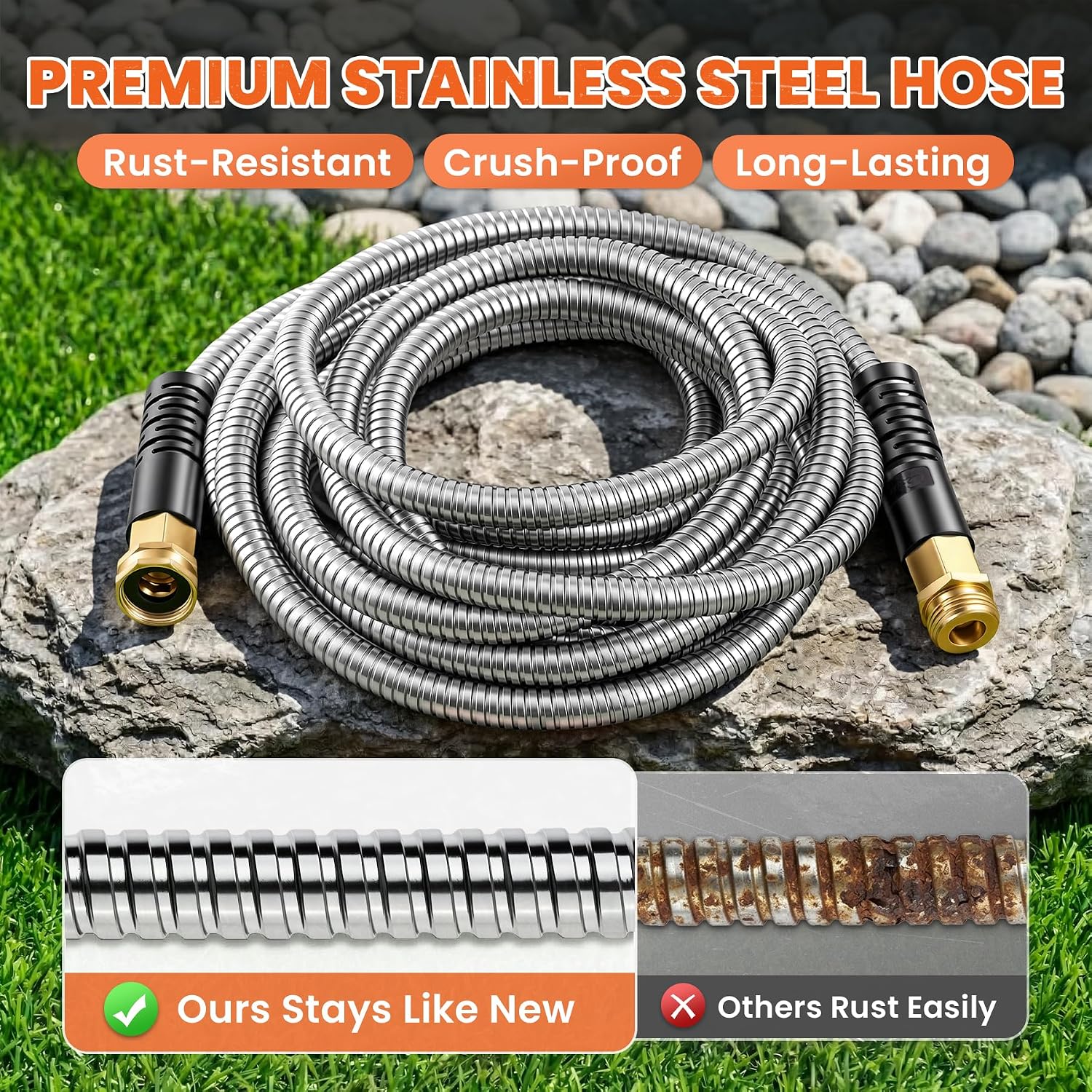 Cesun 100 ft Metal Garden Hose with 10 Function Nozzle, 100 foot x 5/8" | Heavy Duty Stainless Steel Water Hose, Kink-Free & Flexible, Lightweight, Durable, Leak Proof, Rust Proof for Yard/RV/Outdoor
