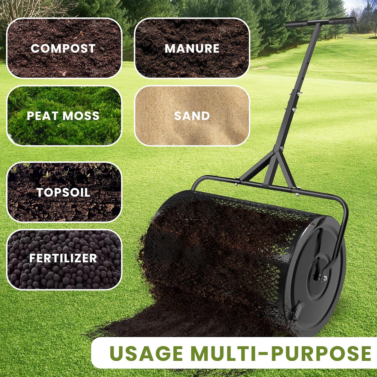 MAKEATREE 24 Inch Compost Spreader and Peat Moss Spreader, Lawn Roller for Spreading Top Soil Manure Dirt, Black