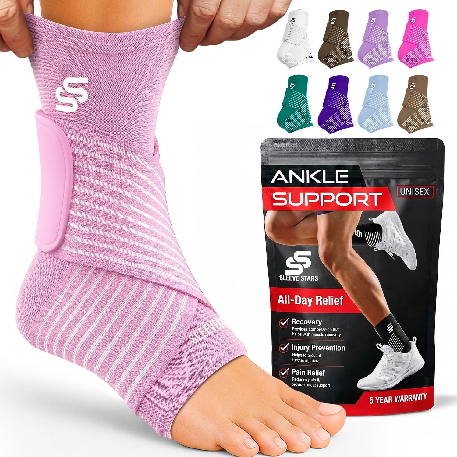 Sleeve Stars Ankle Brace for Women & Men, Ankle Wrap for Sprain, Compression Sleeve for Plantar Fasciitis Relief, Easy Customizable Support: w/ Removable Strap (Single/M:10"-12"/Black)