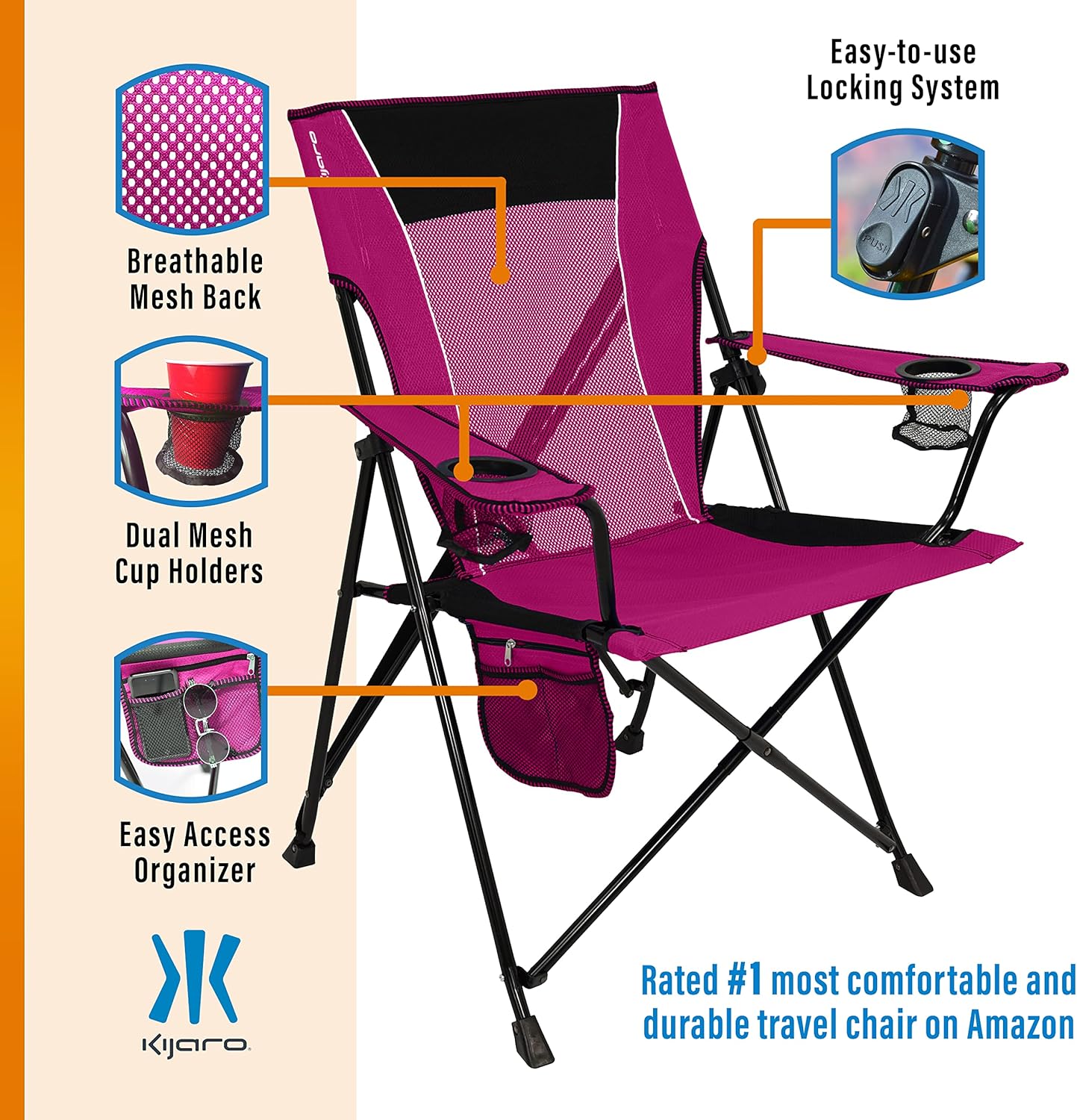 Kijaro Dual Lock Portable Camping Chairs - Enjoy the Outdoors with a Versatile Folding Chair for Sports, Lawn - Dual Lock Feature Locks Position – Hanami Pink