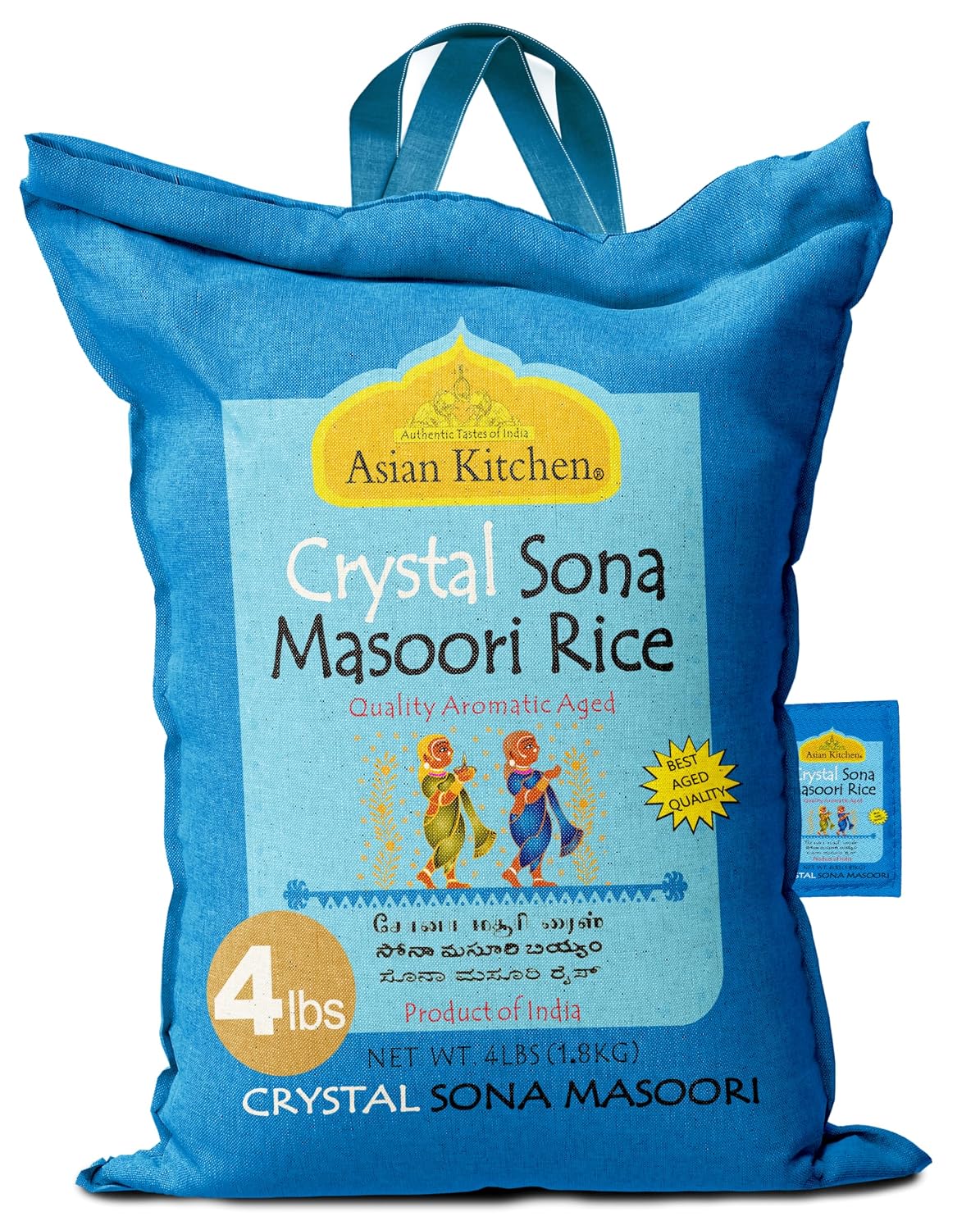 Asian Kitchen White Sona Masoori Aged Rice 20-Pound Bag, 20lbs (9.08kg) Short Grain Rice ~ All Natural | Gluten Friendly | Vegan | Kosher | Indian Origin | Export Quality