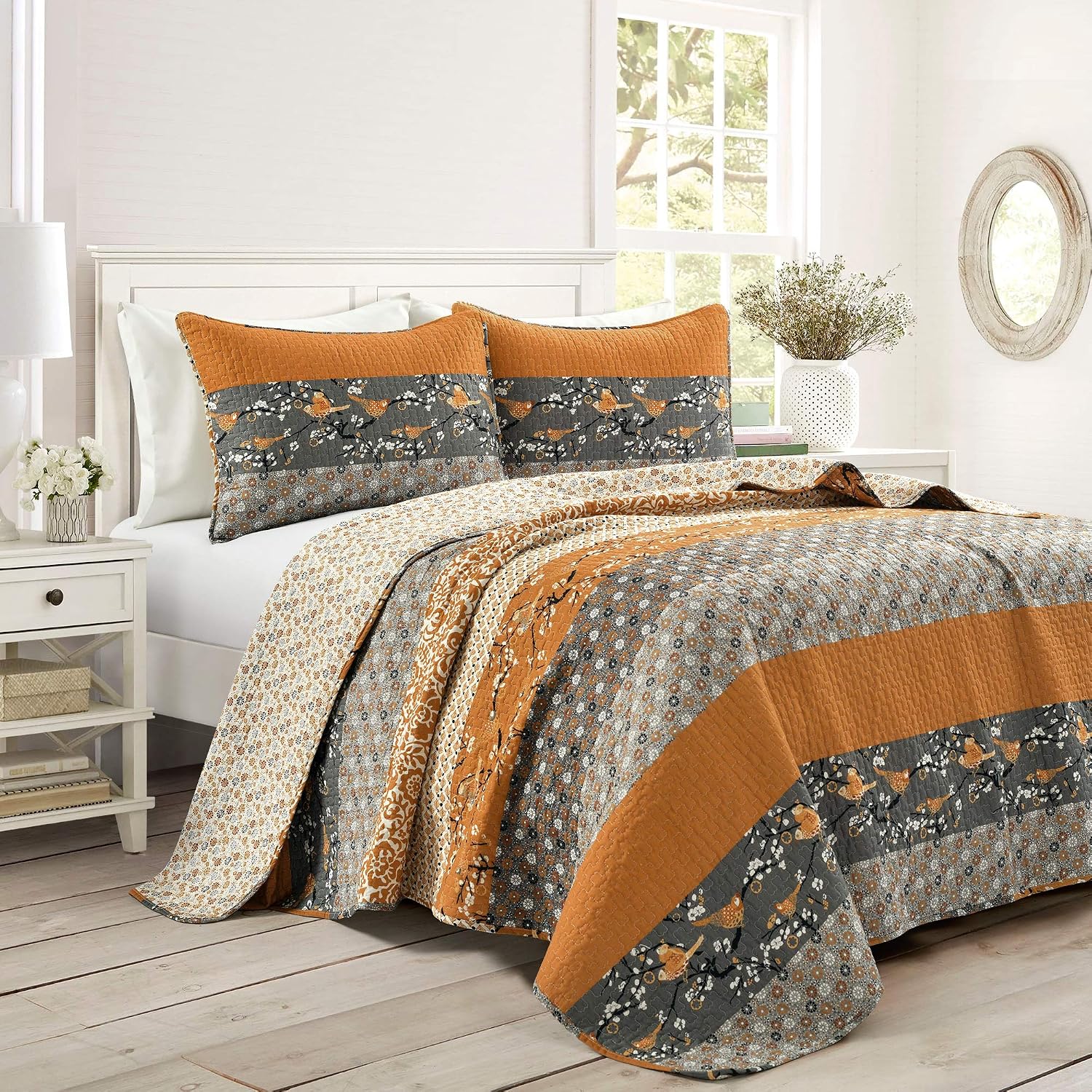Lush Decor Royal Empire Reversible Cotton Quilt Set, 3 Piece Set Full/ Queen, Plum - Striped Bedding Set - Floral Quilt Queen Size - Purple Bedding - Boho Decor