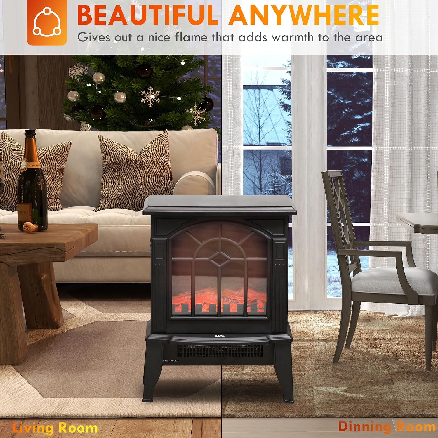 HOMCOM Electric Fireplace Stove 18" Freestanding Fireplace Heater Black | Realistic Flame, Overheating Protection, Portable, 750W/1500W