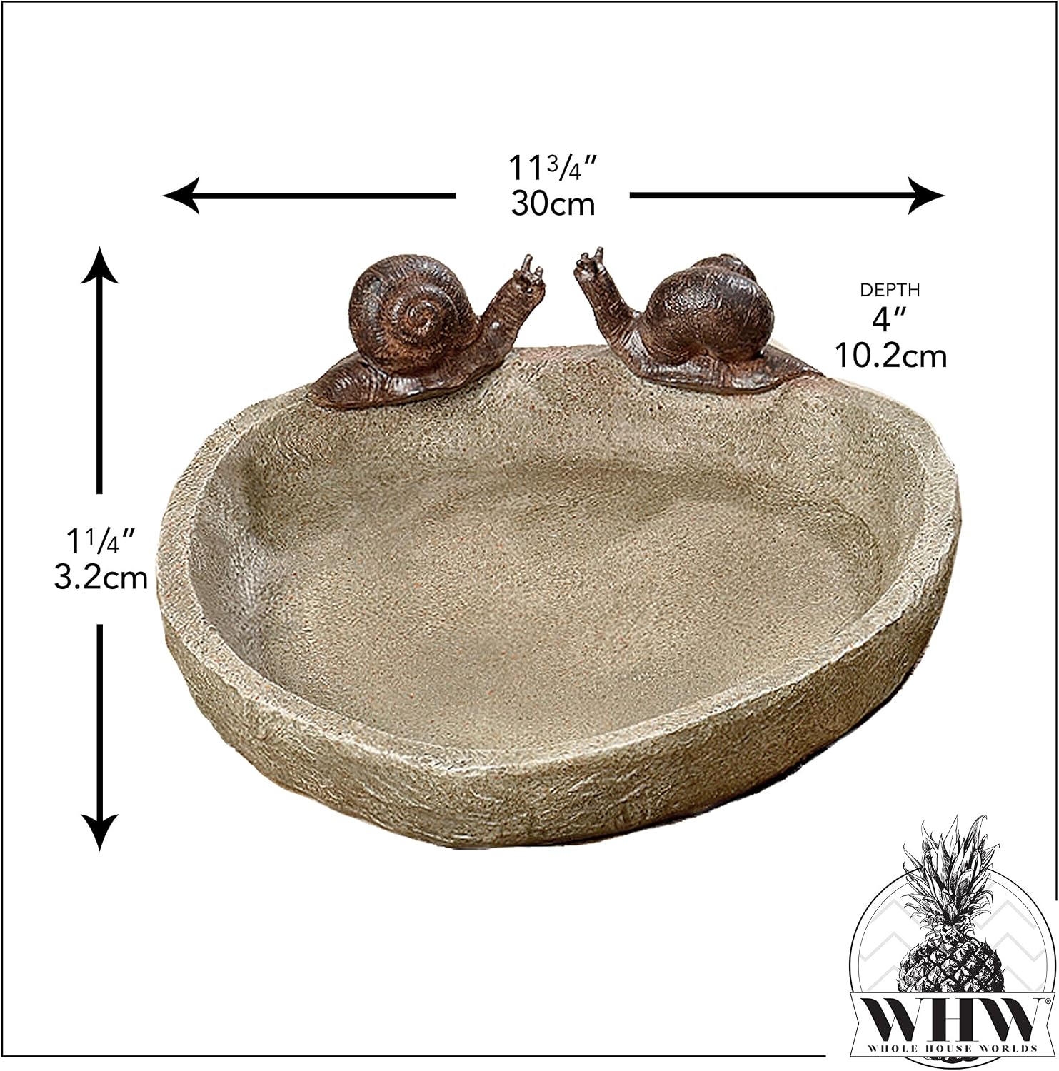 Bird Bath with 2 Snails, Off White Stone Finished Basin and Brown, All Weather Poly Resin, 8 1/4 inches Diameter (21cm)