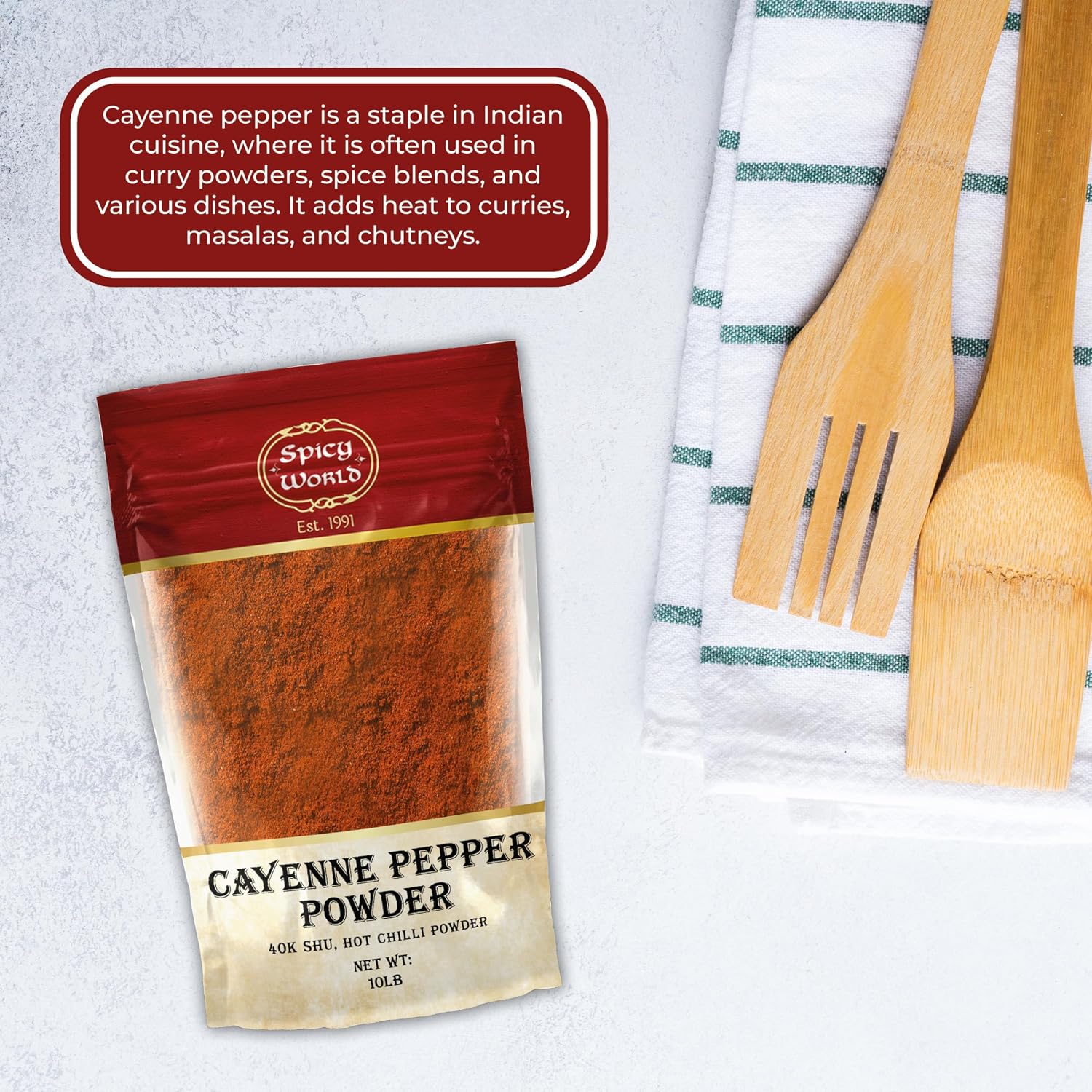 Spicy World Cayenne Pepper Powder Ground Chili Pepper 10 Pound Bulk Bag- 40K SHU, Hot Chilli Powder