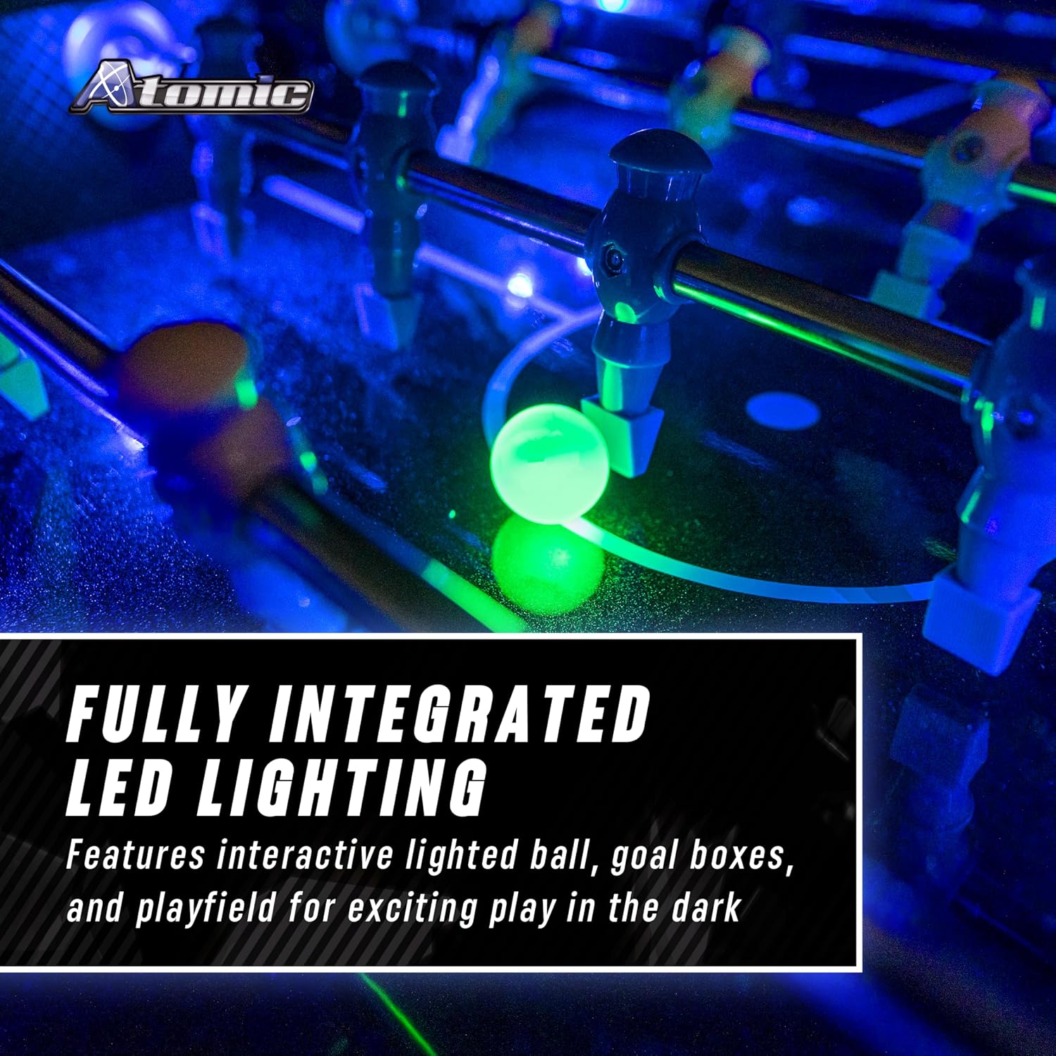 Atomic Azure LED Foosball Table – Light Up Arcade Style Table with In-Rail LED Lighting, Music, Electronic Scoring, Glow Foosball